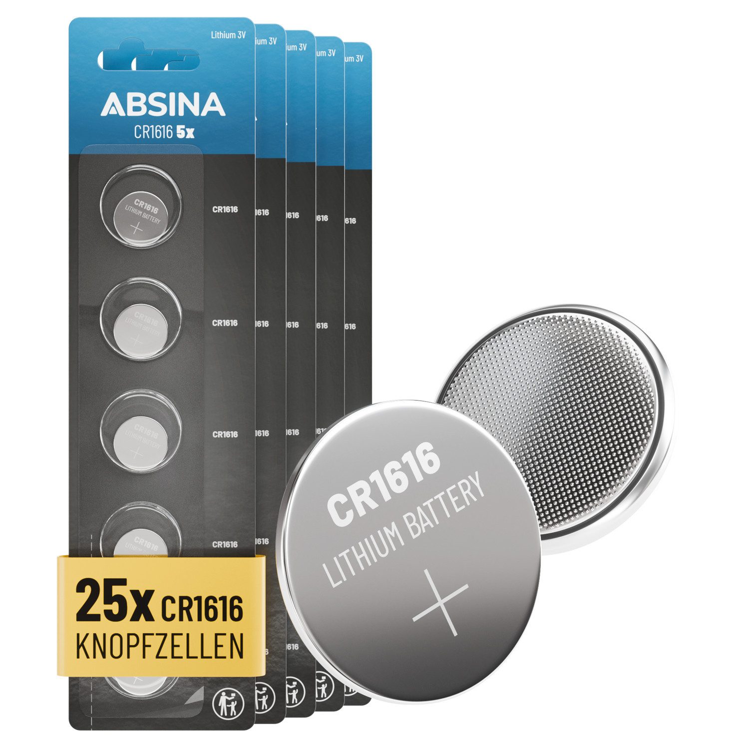 ABSINA 25x CR1616 3V Lithium Knopfzelle - Batterie CR 1616, CR1616 Batterie Knopfzelle, (25 St)