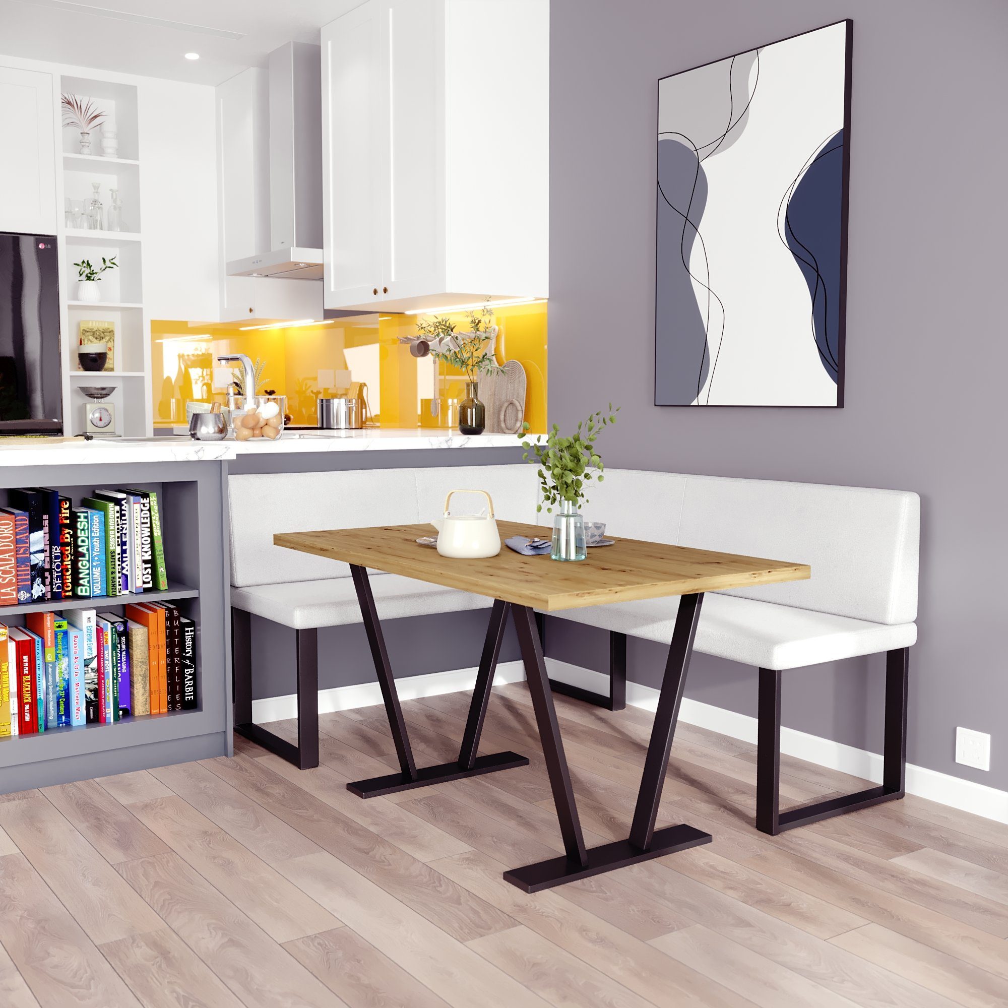sofa4you Eckbankgruppe Alina Metall mit Tisch, Moderne Sitzecke perfekt für Ihr Esszimmer, Küche (128x168/142x196) weiß