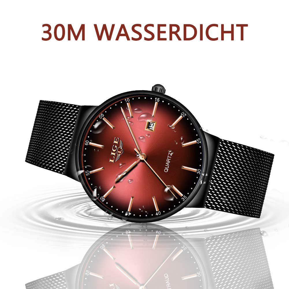 Mode GelldG analoge Dünne Quarz Mesh Armbanduhr Minimalistisch Blau wasserdichte Uhr