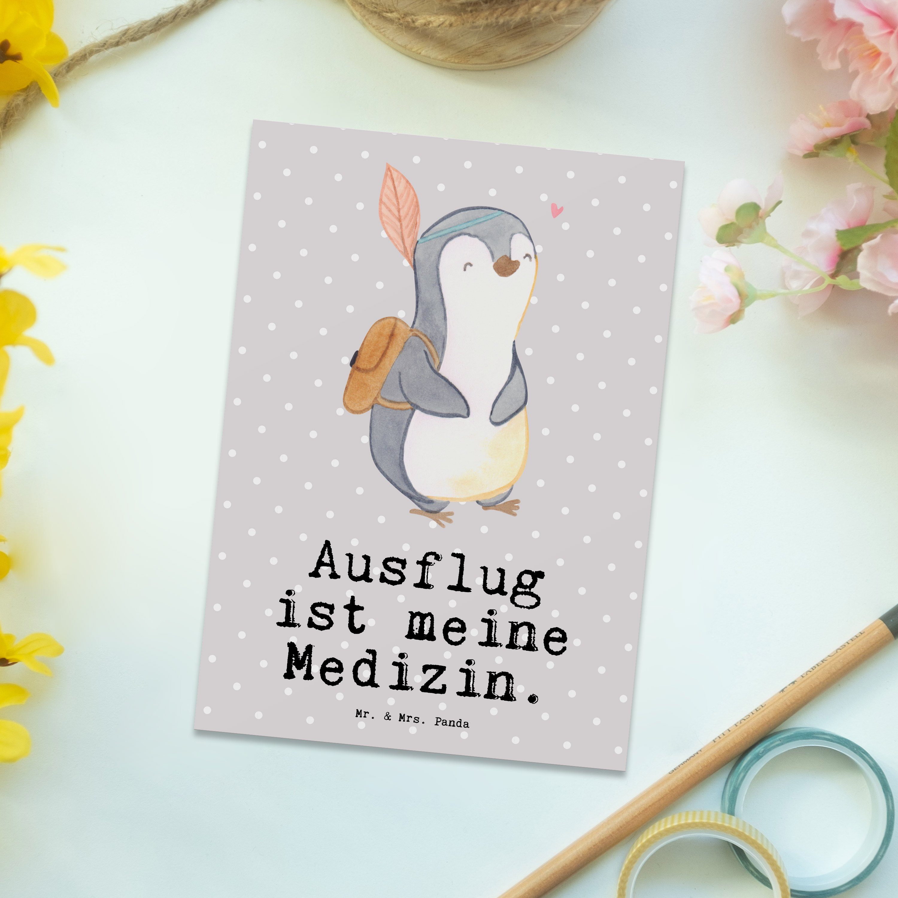 Medizin Grau - Ausflug Pinguin Mrs. - Mr. Panda Postkarte Geschenk, Pastell Danke, reis & Hobby,