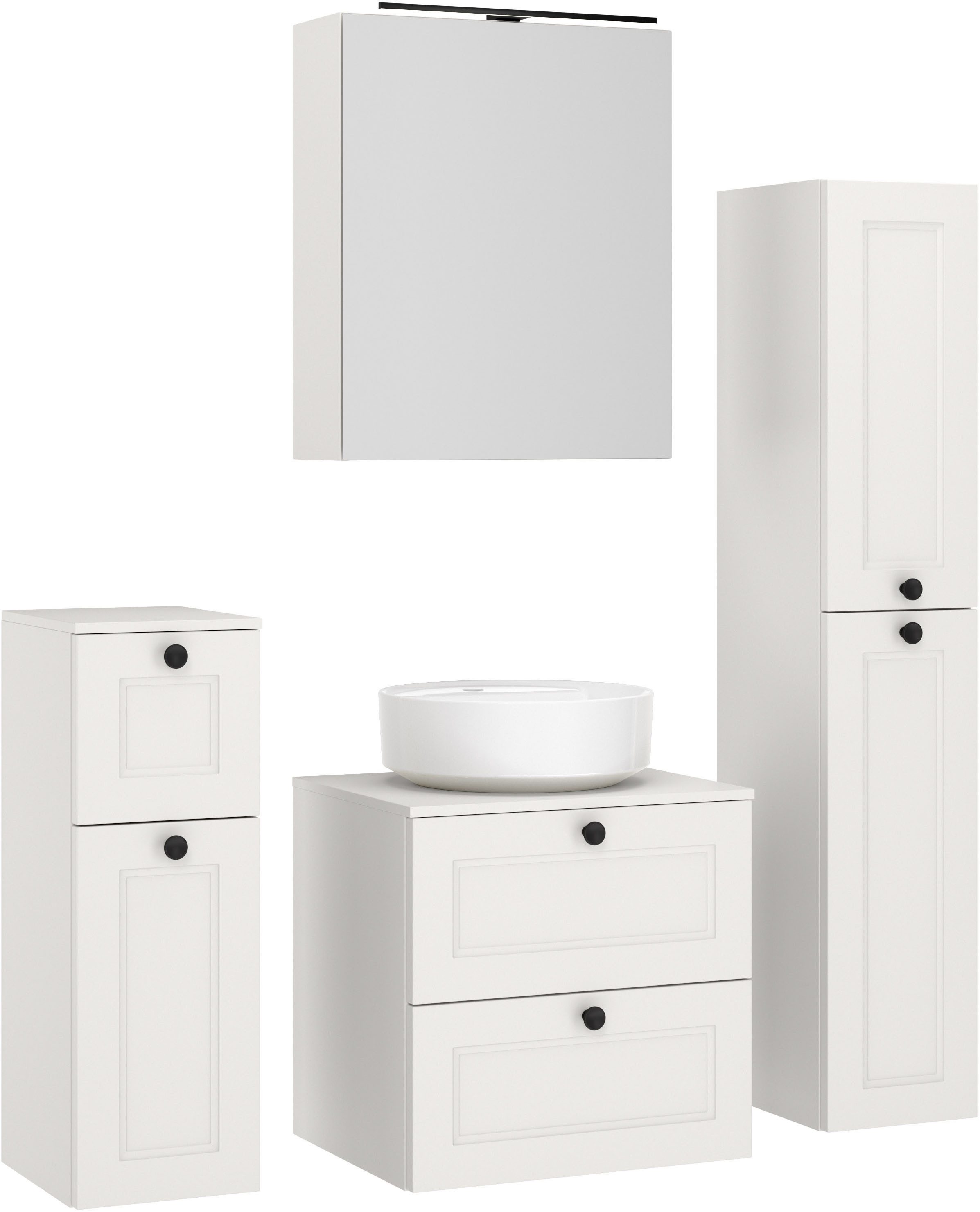 nobilia® Badmöbel-Set Cascada, (Set, 4-St., inkl. Aufsatzwaschbecken und Spiegelschrank mit Beleuchtung), vormontiert, mit Soft-Close, in vier Breiten