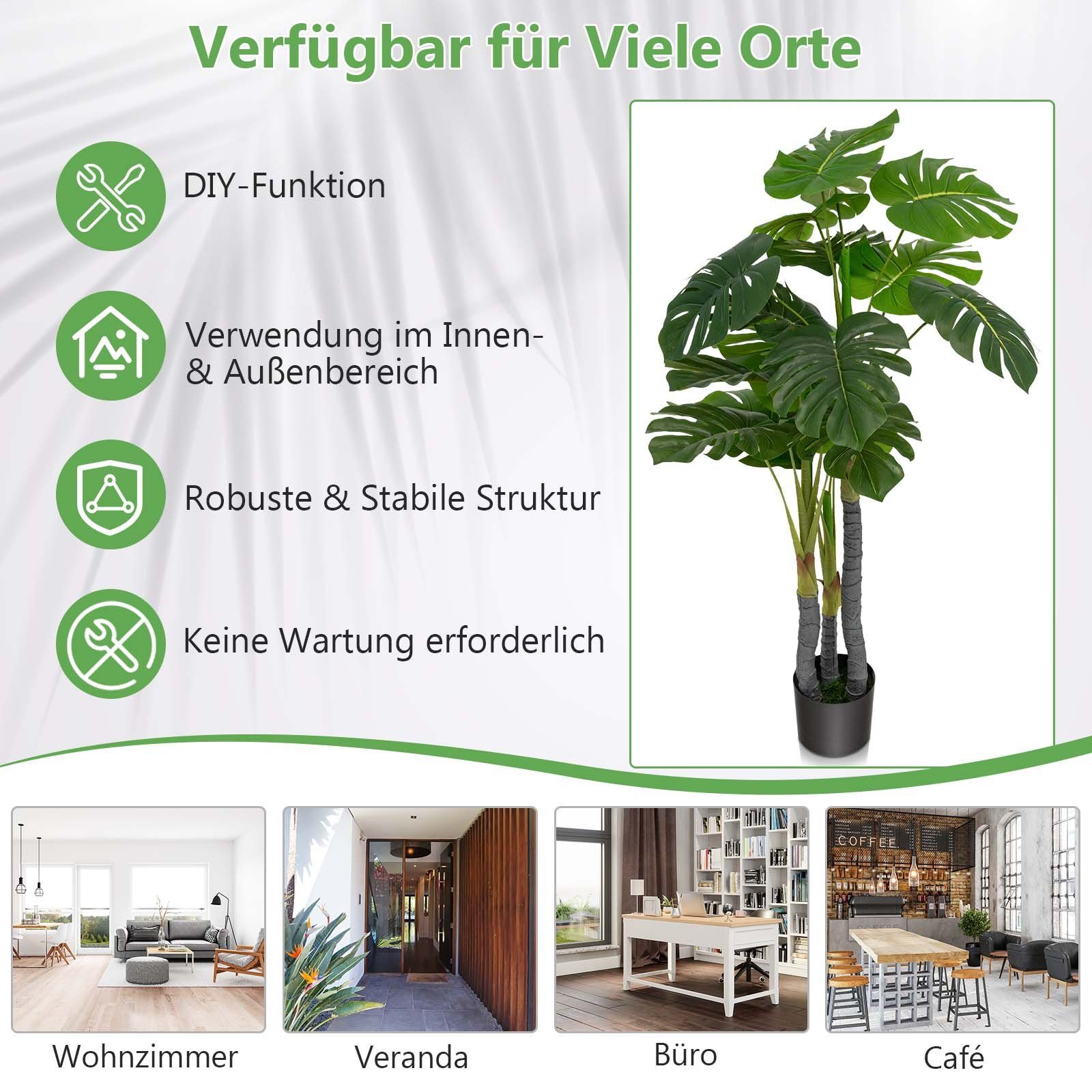 Kunstpflanze, COSTWAY, Blättern, 120 Kunststoff-Topf, grün Höhe cm, mit 20