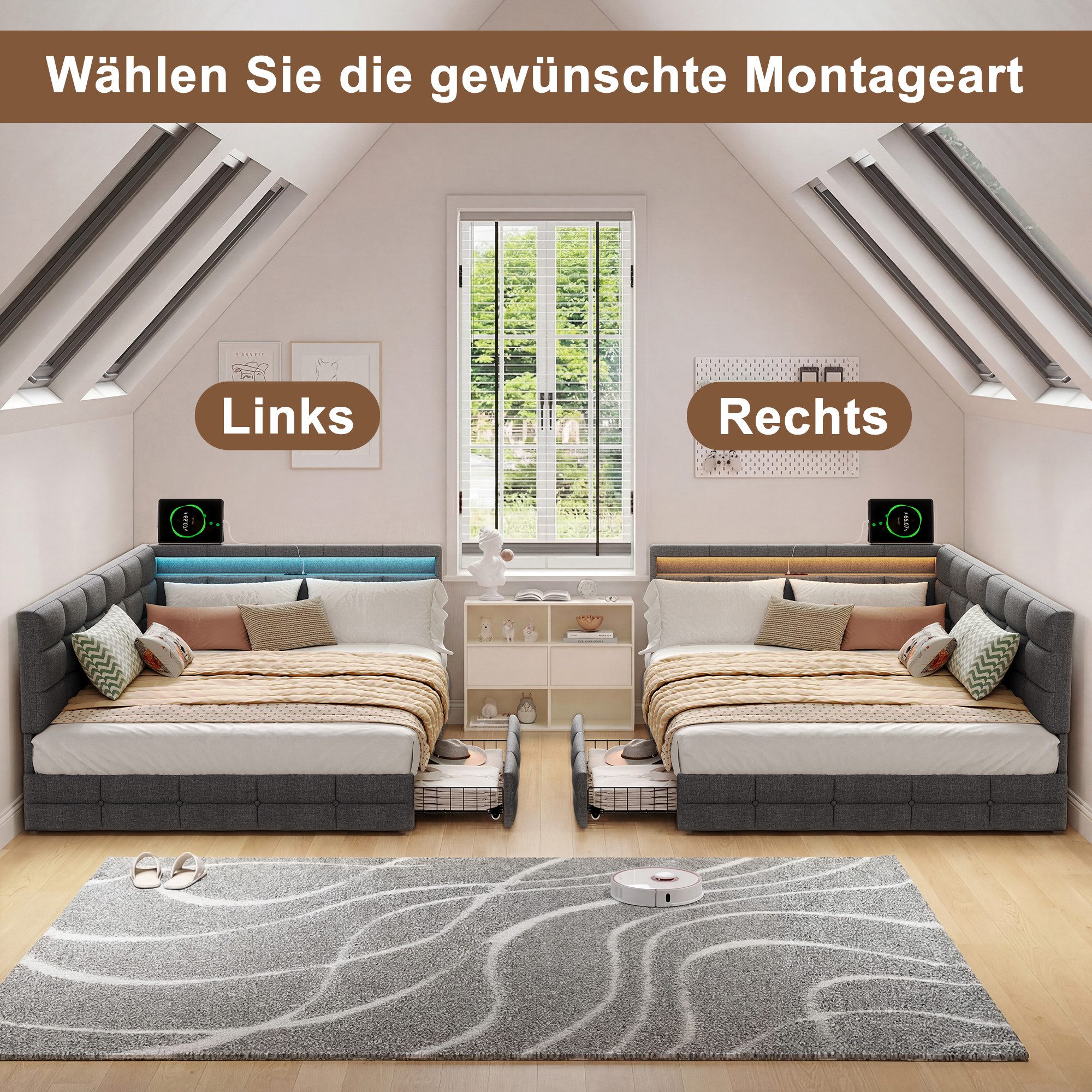 ADWOLT Schlafsofa Daybett Polsterbett Mit LED-Licht und USB-Anschluss, Set 1 Teile, 140x190 cm,Mit 2 Schubladen,Leinenstoff-Grau – Bild 5 von 5