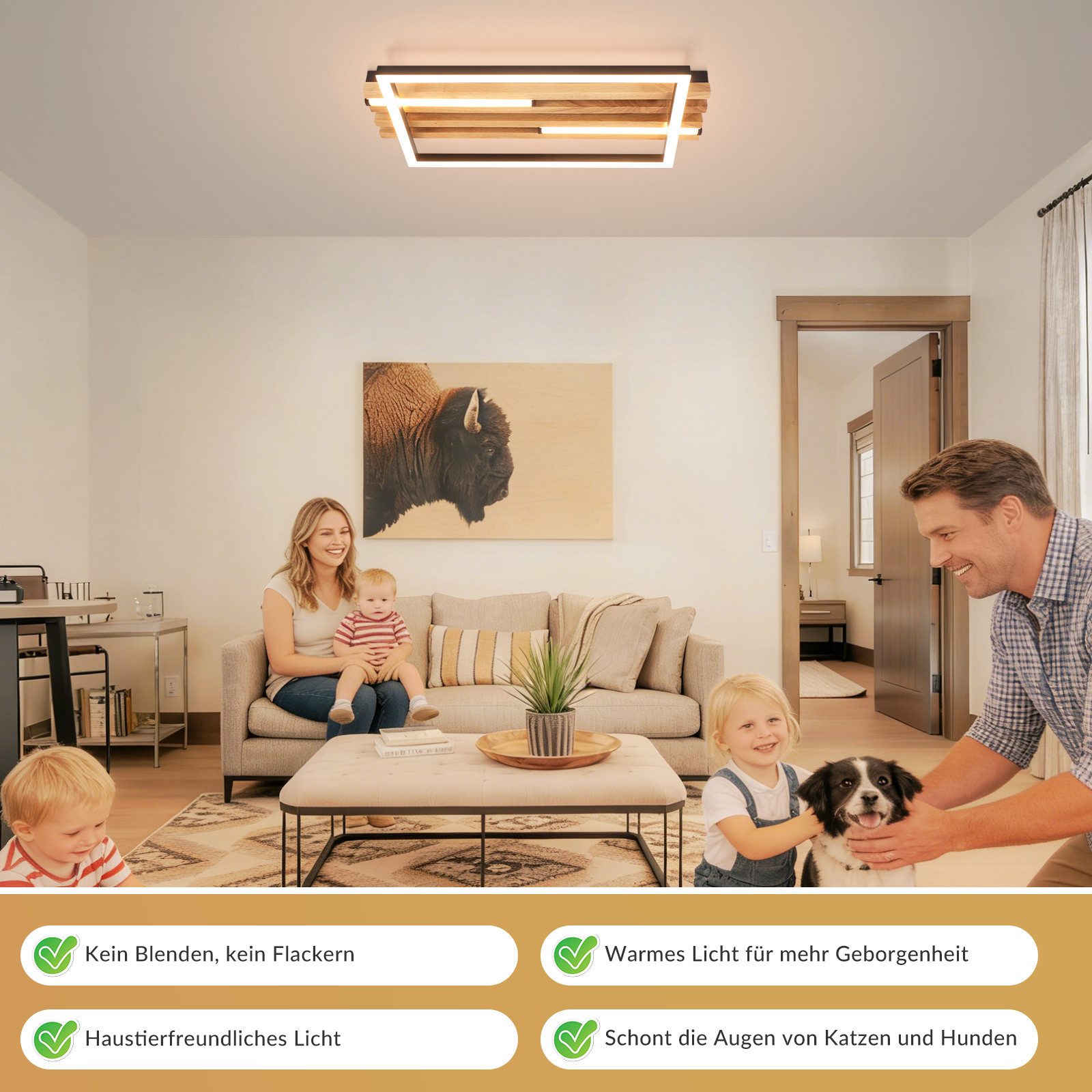 Nettlife LED Deckenleuchte Dimmbar Holz 2/3/4 Ringe Modern Deckenlampe Wohnzimmer, LED fest integriert, 24W 38*20.9*6.8CM für Schlafzimmer Büro Küche – Bild 4 von 5