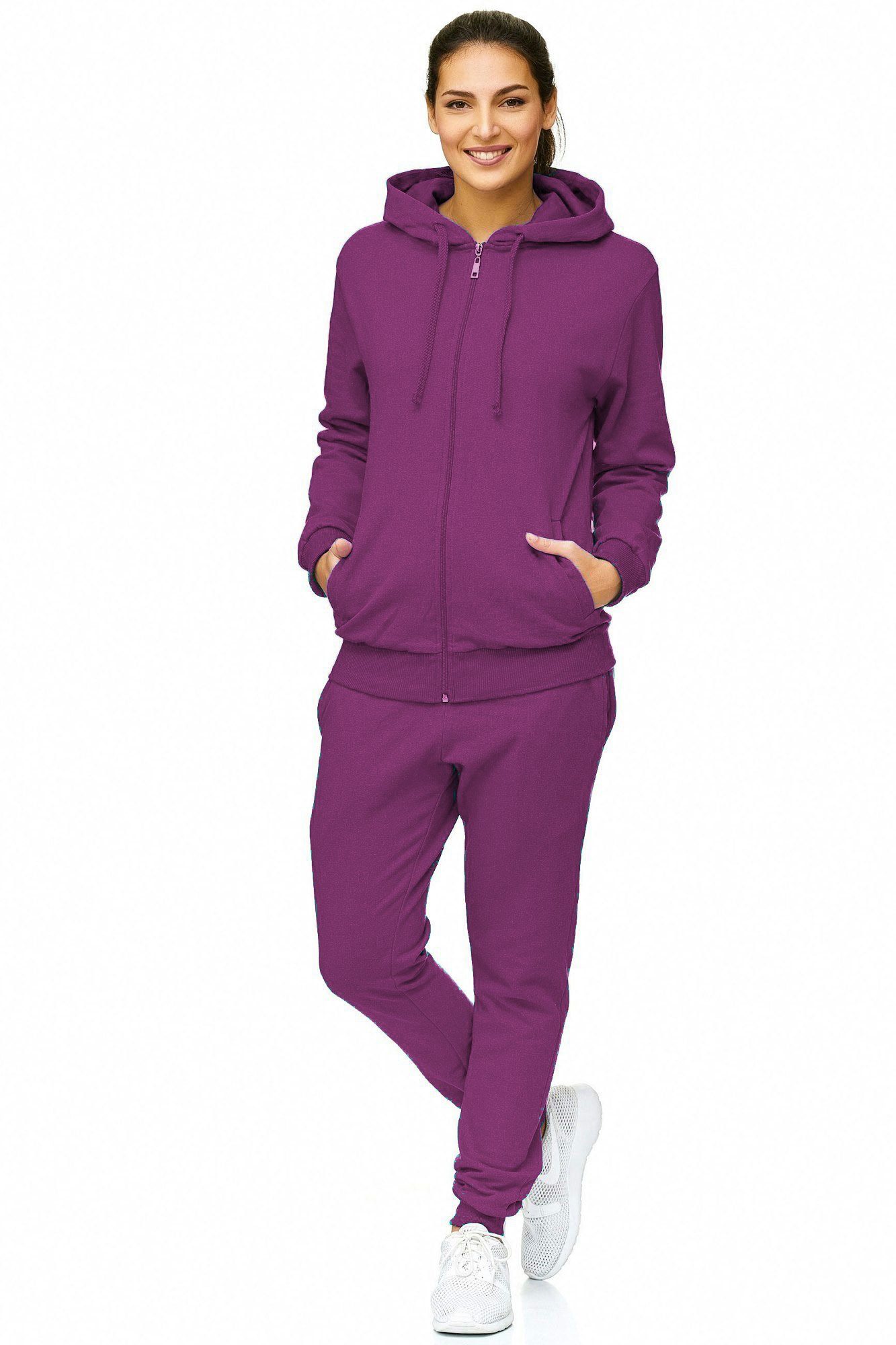 L.gonline Freizeitanzug Damen Jogginganzug, Freizeitanzug, Hausanzug 586 (Kapuzenjacke mit Reißverschluss, Hose, 2-tlg), Fitness Freizeit Casual