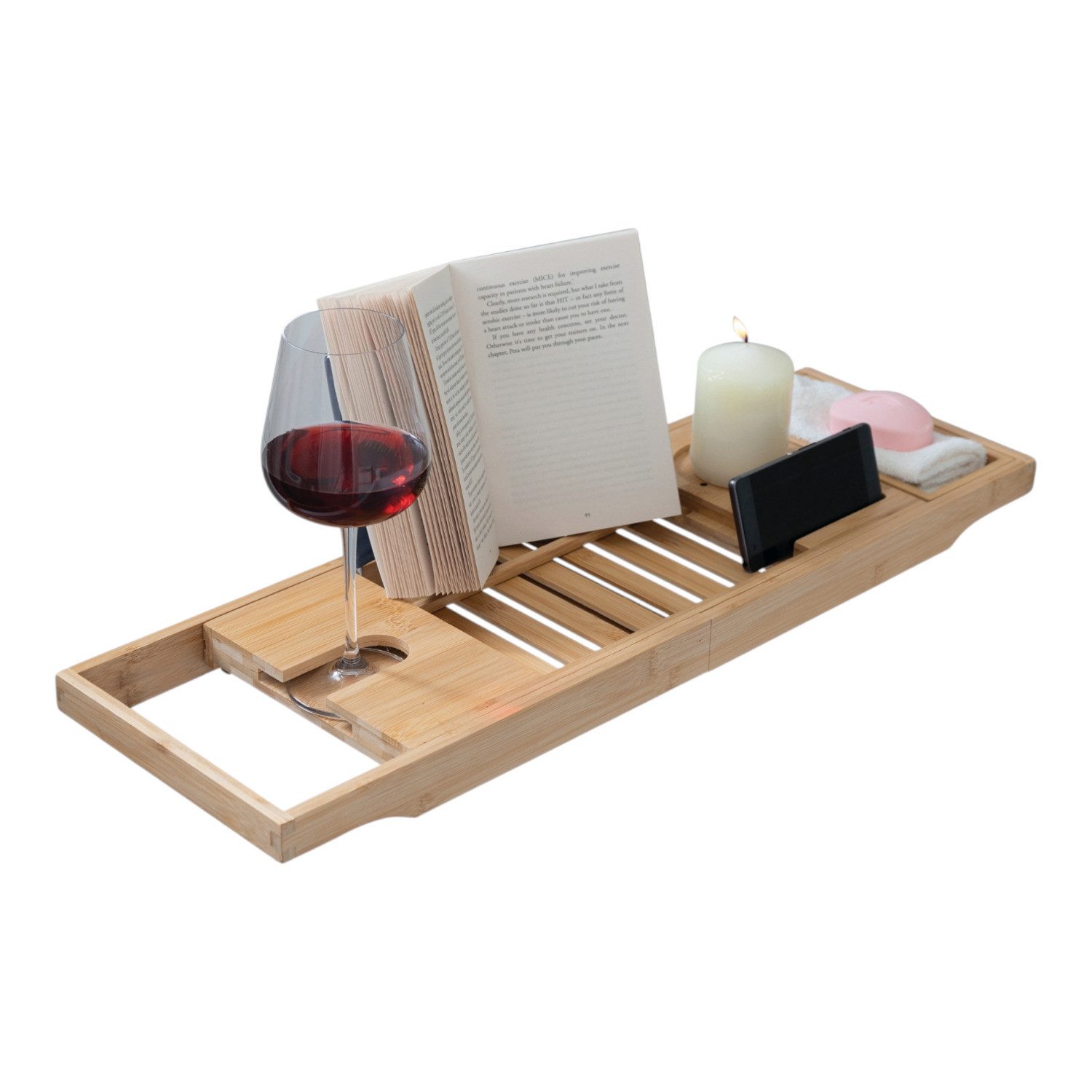 The Source Tablett Ausziehbare Badewannenablage aus Bambus mit Getränkehalter und