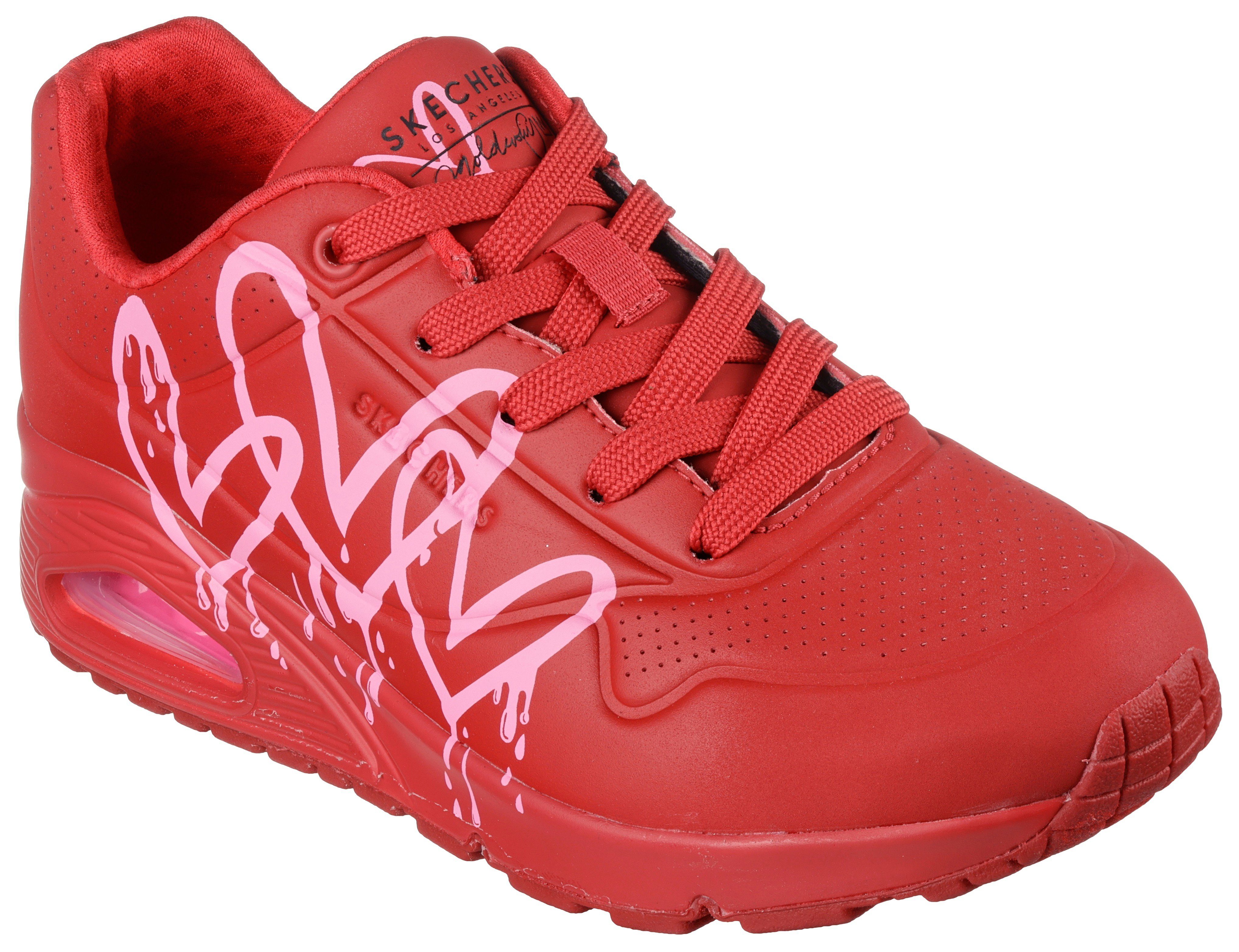 Skechers UNO DRIPPING IN LOVE Sneaker mit Herzen-Graffity-Print rot-pink