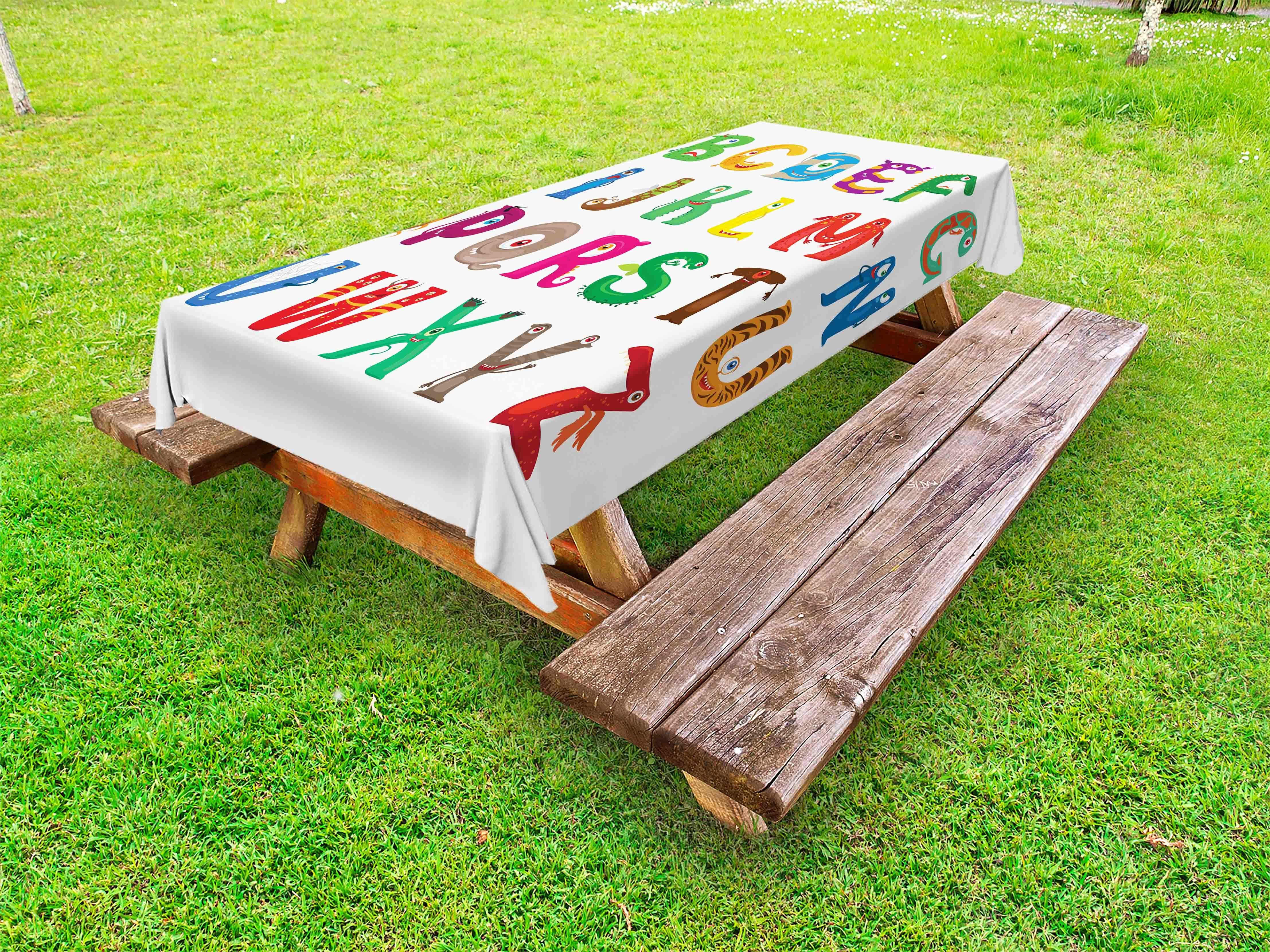 Abakuhaus Tischdecke dekorative Picknick-Tischdecke, waschbare Monster Childish Letters Alphabet