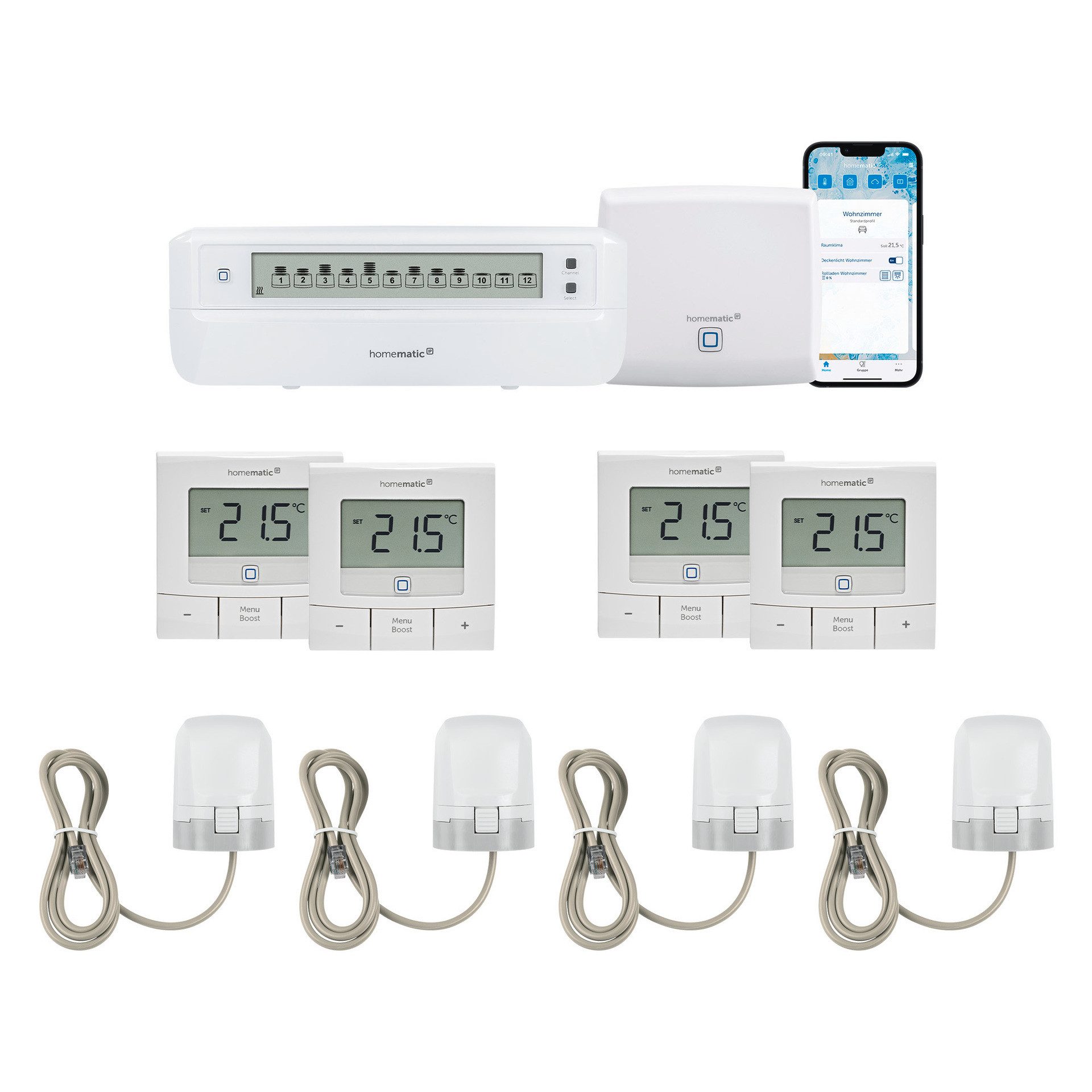 Homematic IP Starter Bundle Fußbodenheizung Smart-Home-Zubehör, Smart Home Fußbodenheizung für 4 Räume mit WTH-B