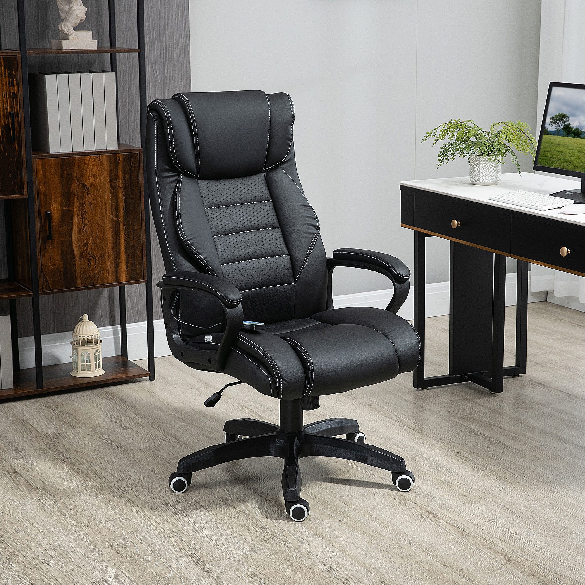 Vinsetto Schreibtischstuhl Ergonomischer Chefsessel, Wippfunktion, Drehstuhl, schwarz (Bürostuhl, 1 St), für Büro, Wohnzimmer, Schwarz