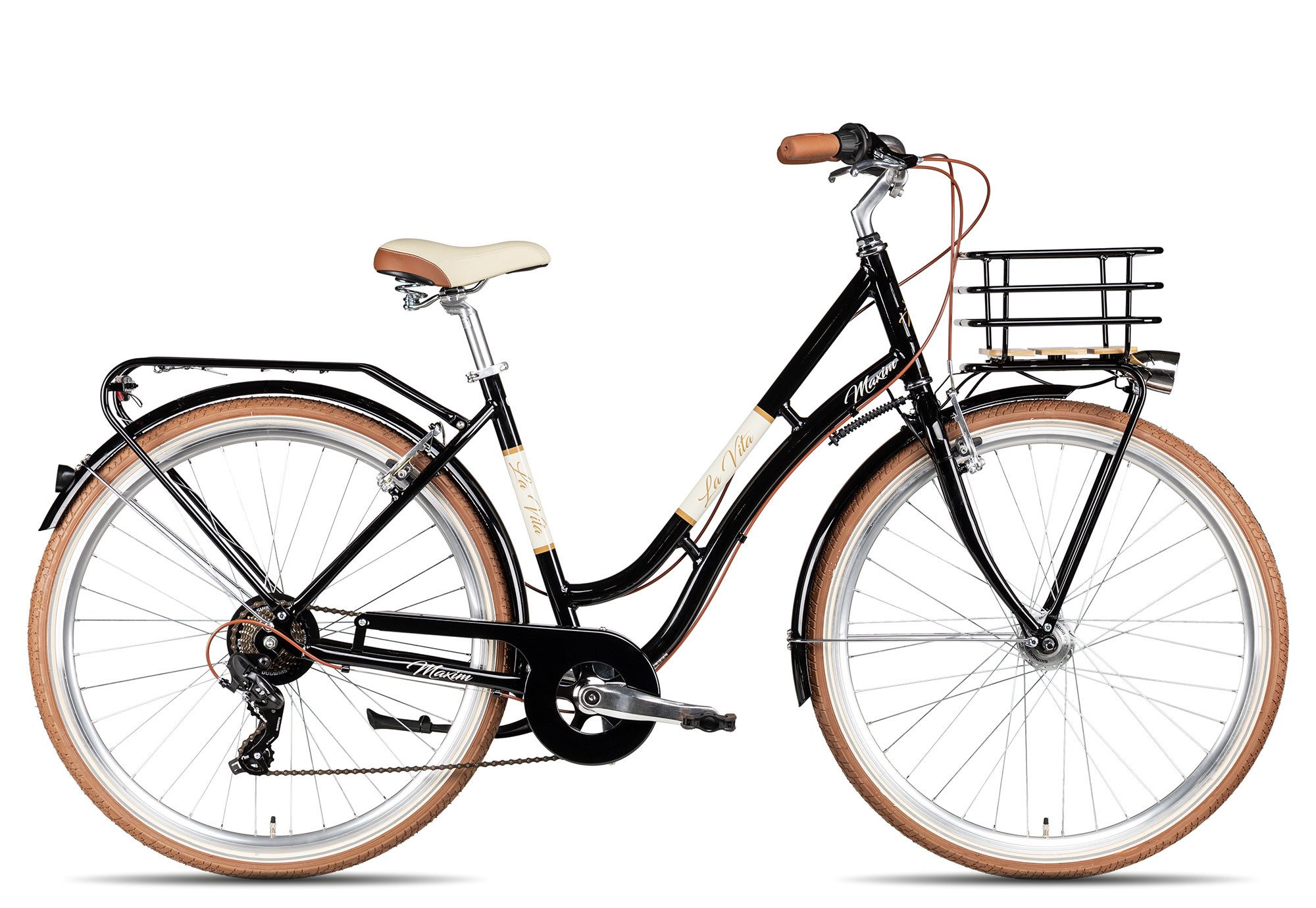 Maxim Cityrad La Vita, 7 Gang Shimano Tourney 7 Schaltwerk, Kettenschaltung, Korb über Vorderrad schwarz/grau