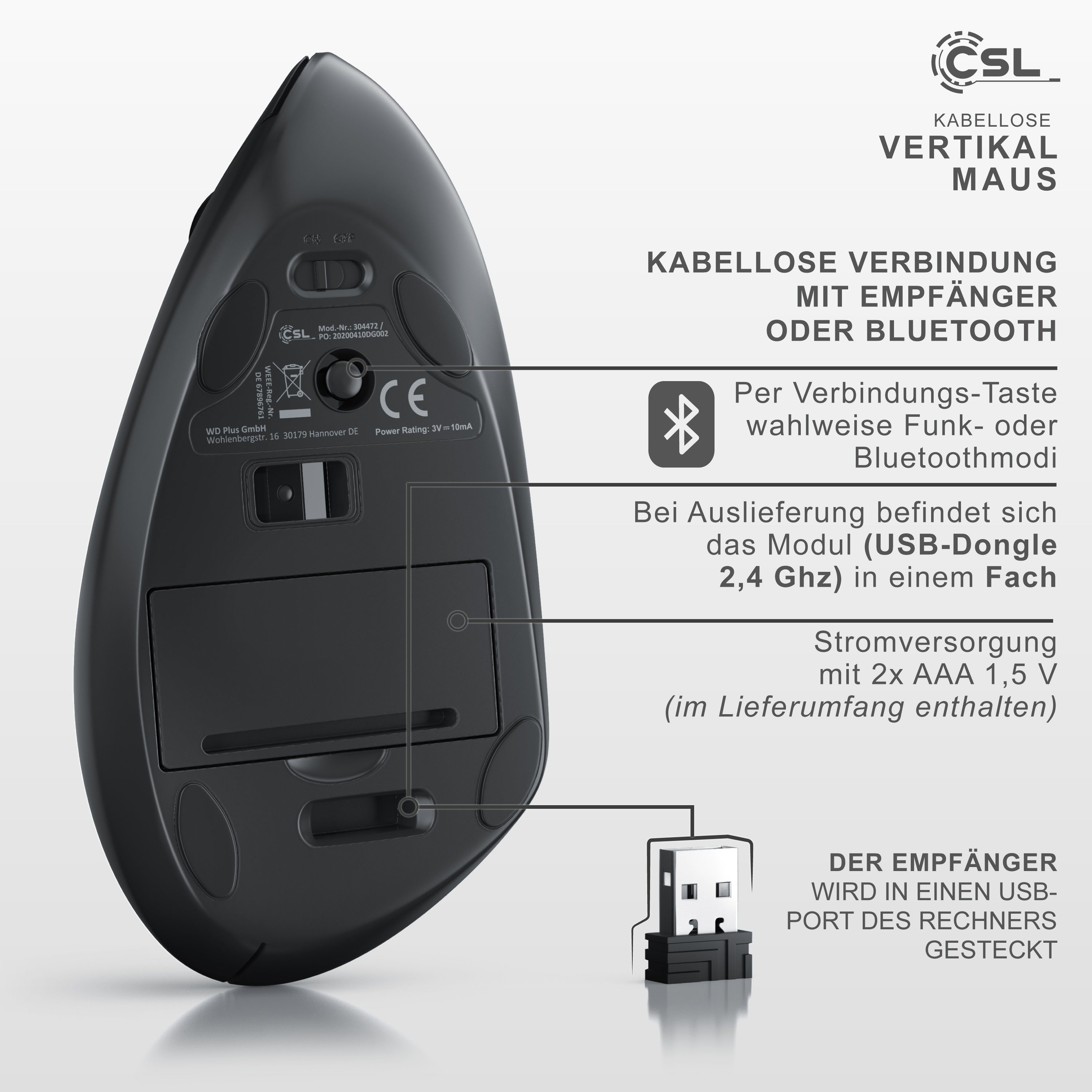 CSL Vertikale Mouse, optischer Sensor, kabellos, BT + 2,4 Ghz Funk ergonomische Maus (Wireless Bluetooth und Funk, Vorbeugung von Mausarm / Tennisarm)