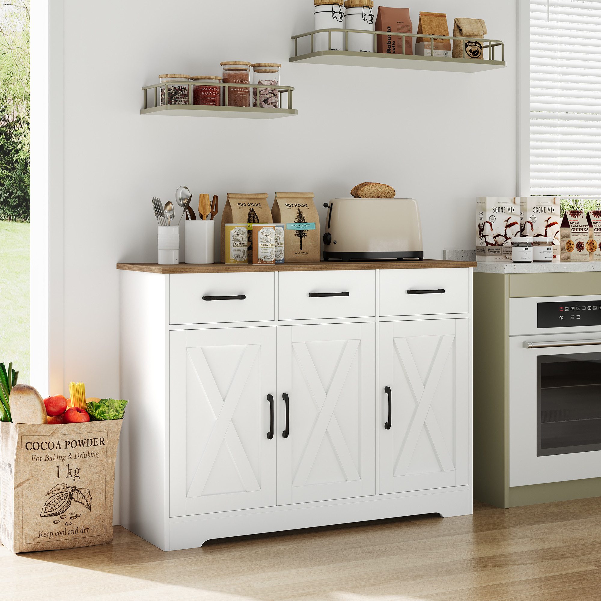 HOMECHO Sideboard, Küchenschrank mit 3 Schubladen und 3 Türen für Küche, We günstig online kaufen