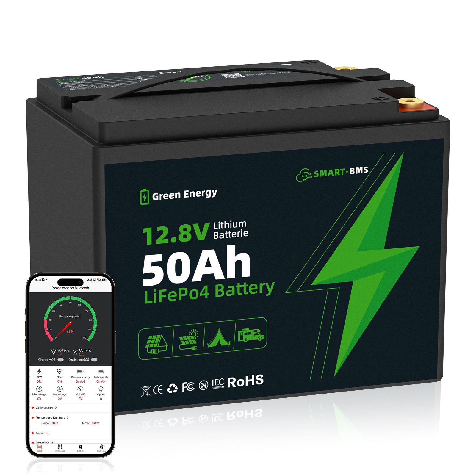 Blossom LiFePO4 Batterie 12V 50Ah mit Bluetooth BMS, 15000 Zyklen Batterie, Lithium Batterie für Wohnmobil, Camping, Solar, Boot, Offgrid-Systeme