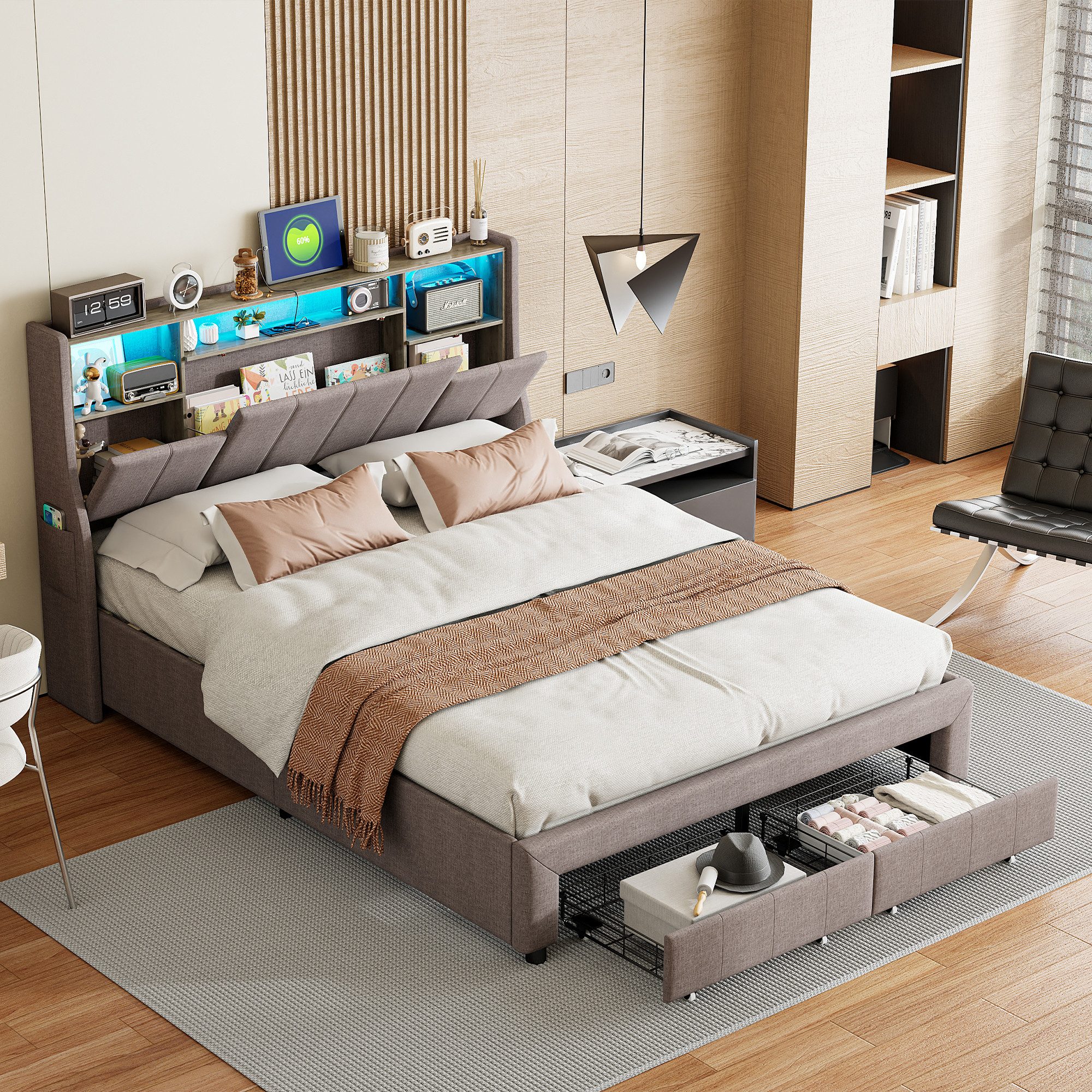 Furnishings Home Polsterbett LED Doppelbett Stauraumbett Ladefunktion (Zwei USB + Zwei Steckdosen), Mit LED Beleuchtung, Lattnenrost, 2 …