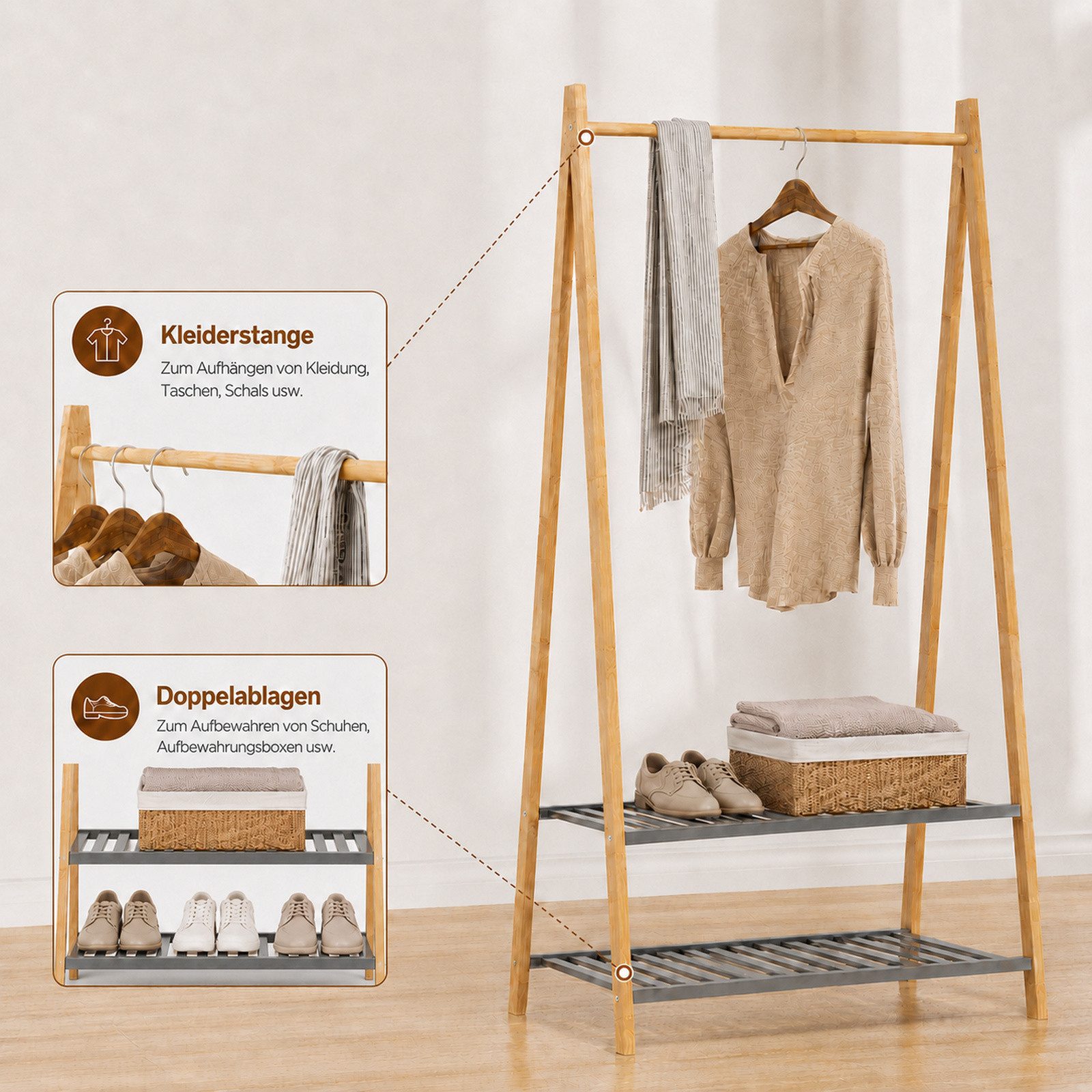 Yorbay Kleiderständer Doppelstöckige Bambus-Garderobe mit Kleiderstange 80x40x150cm(BxTxH), (Set, 1), Inklusive Schuhregal,geeignet für Eingangsbereich und Wohnzimmer