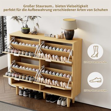 Sweiko Schuhschrank (mit 4 Klappschubladen, Schuhkommode aus Rattan mit Metallgriffen) Landhausstil,100 x 25 x 90 cm