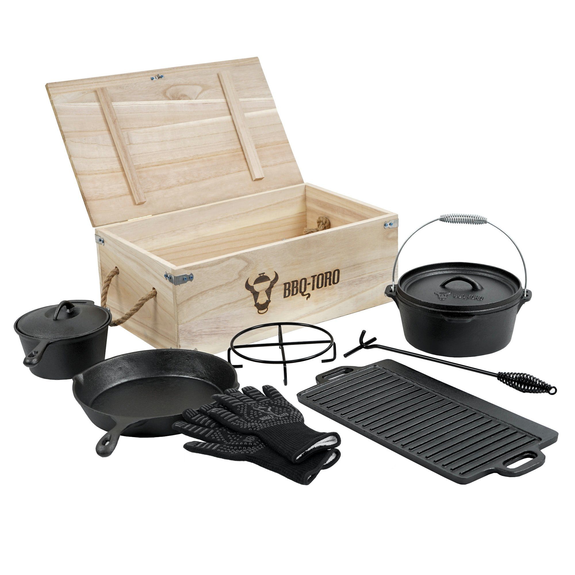 BBQ-Toro Grilltopf 8-teiliges Dutch Oven Set mit Dutch Oven, Grillplatte, Stieltopf, Gusseisen (8-teiliges Dutch Oven Set in Holzkiste, 8-tlg)
