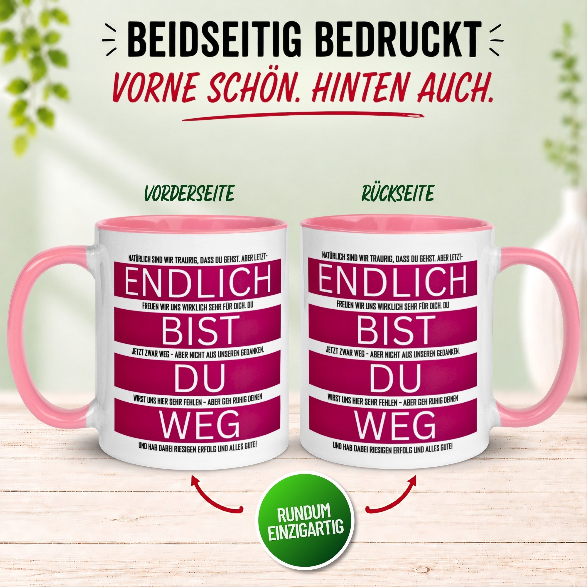 Momentals Tasse Abschied – „Endlich bist du weg“ – Abschiedsgeschenk für Kollegin, Gratis Versand · Links-&Rechtshänder · Spülmaschinenfest – Bild 4 von 5