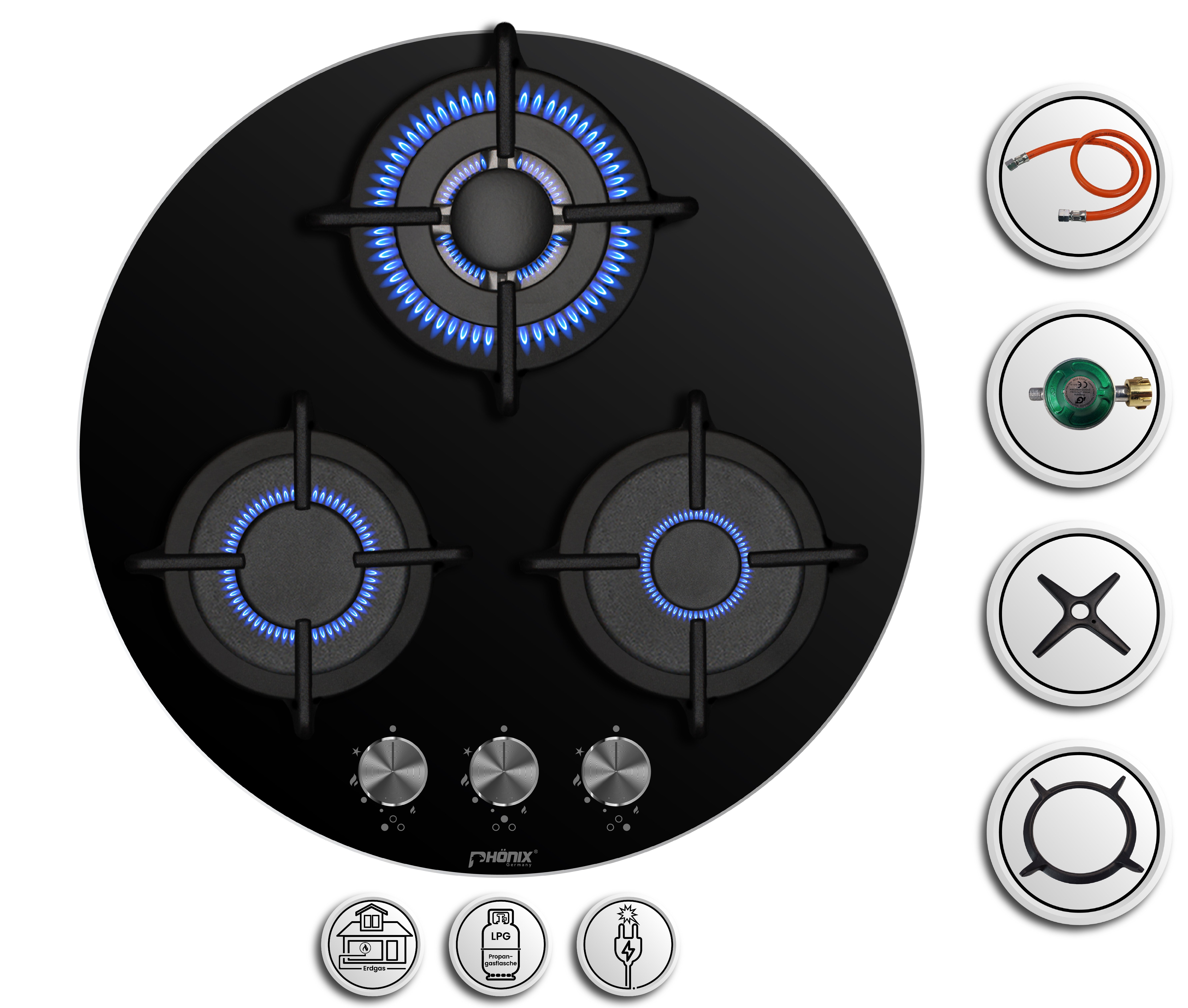 Phönix Germany Gas-Kochfeld PG-603RT, Gaskocher 3 flammig mit Zündsicherung, Propan- / Erdgas, H-Gas