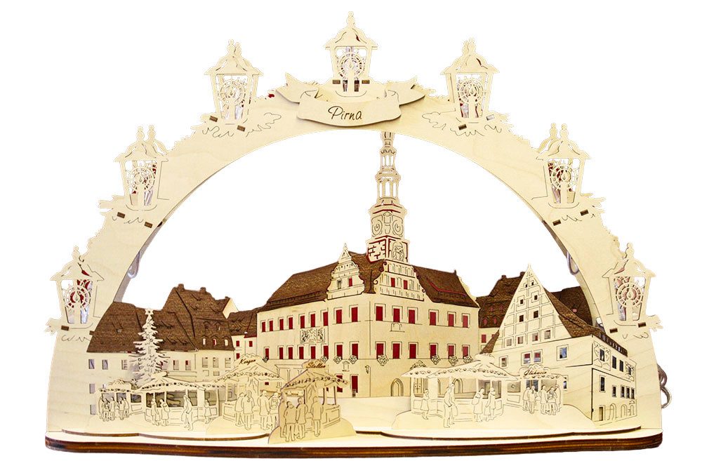 DeColibri LED Schwibbogen 3D LED Schwibbogen Pirna Rathaus - Holzkunst Sachsen - mit Netzkabel, Holzkunst aus Sachsen, beleuchtet