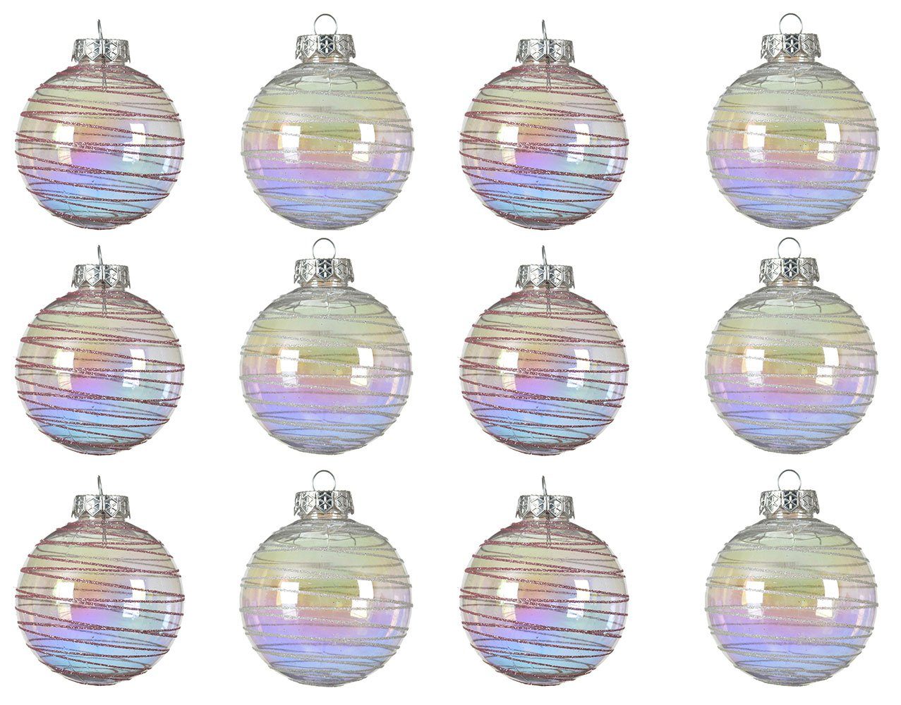 Decoris season decorations Weihnachtsbaumkugel, Новорічні кулі Kunststoff mit Streifen 8cm klar irisierend, 12er Set