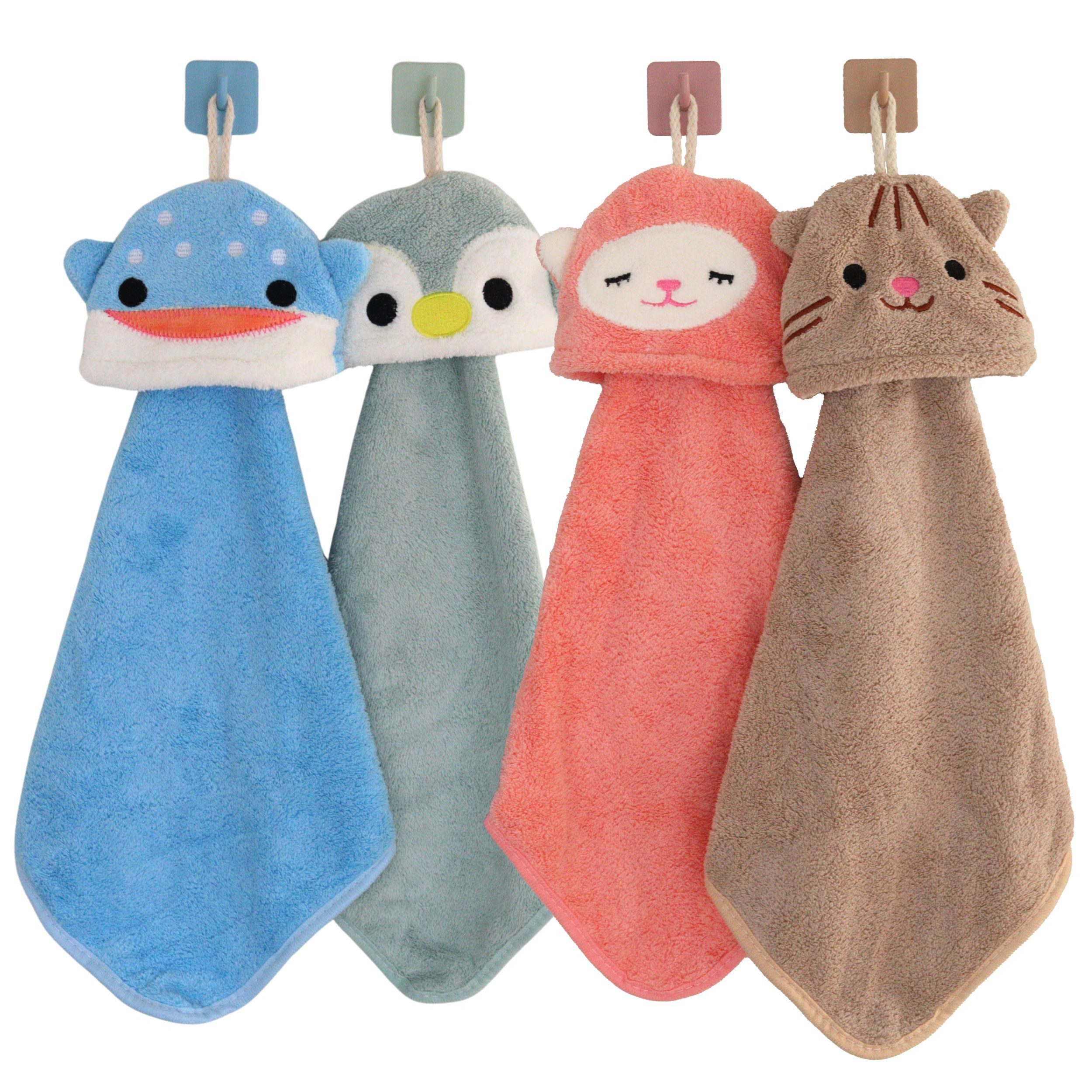 DEKAZIA Waschlappen für Kinder, süßes Tierdesign, Kinderhandtücher mit Geschenkverpackung, (4er Set, hochwertige Mikrofaser. 30x30cm), weich schnell trocknend kindgerecht