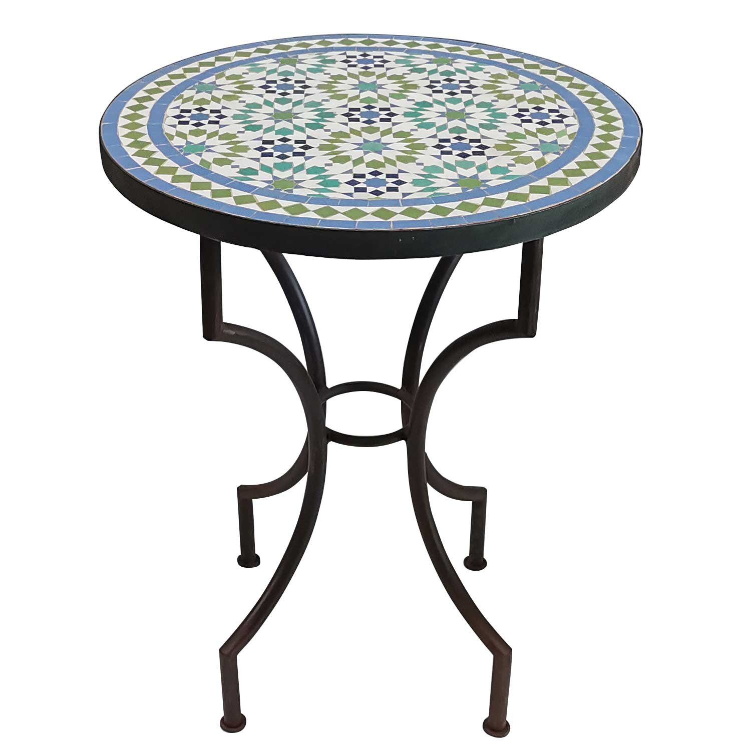 Casa Moro Gartentisch Mosaiktisch Ankabut Grün Blau Mosaik Beistelltisch Balkontisch Ø 60cm (rund mit Schmiedeeisen Gestell), Kunsthandwerk aus Marokko MT2217