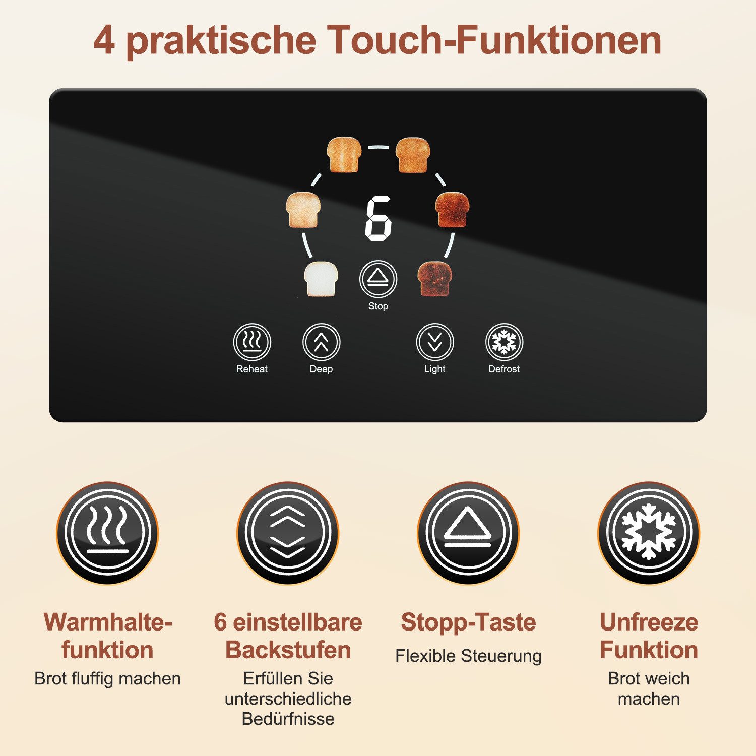 FATABETA Toaster Toaster 4 Scheiben, Doppel-Langschlitztoaster, mit Brötchenaufsatz, 2 lange Schlitze, für 4 Scheiben, 1400 W, LED-Display, Touchscreen, 6 Stufen, Auftauen & Aufwärmen, Edelstahl