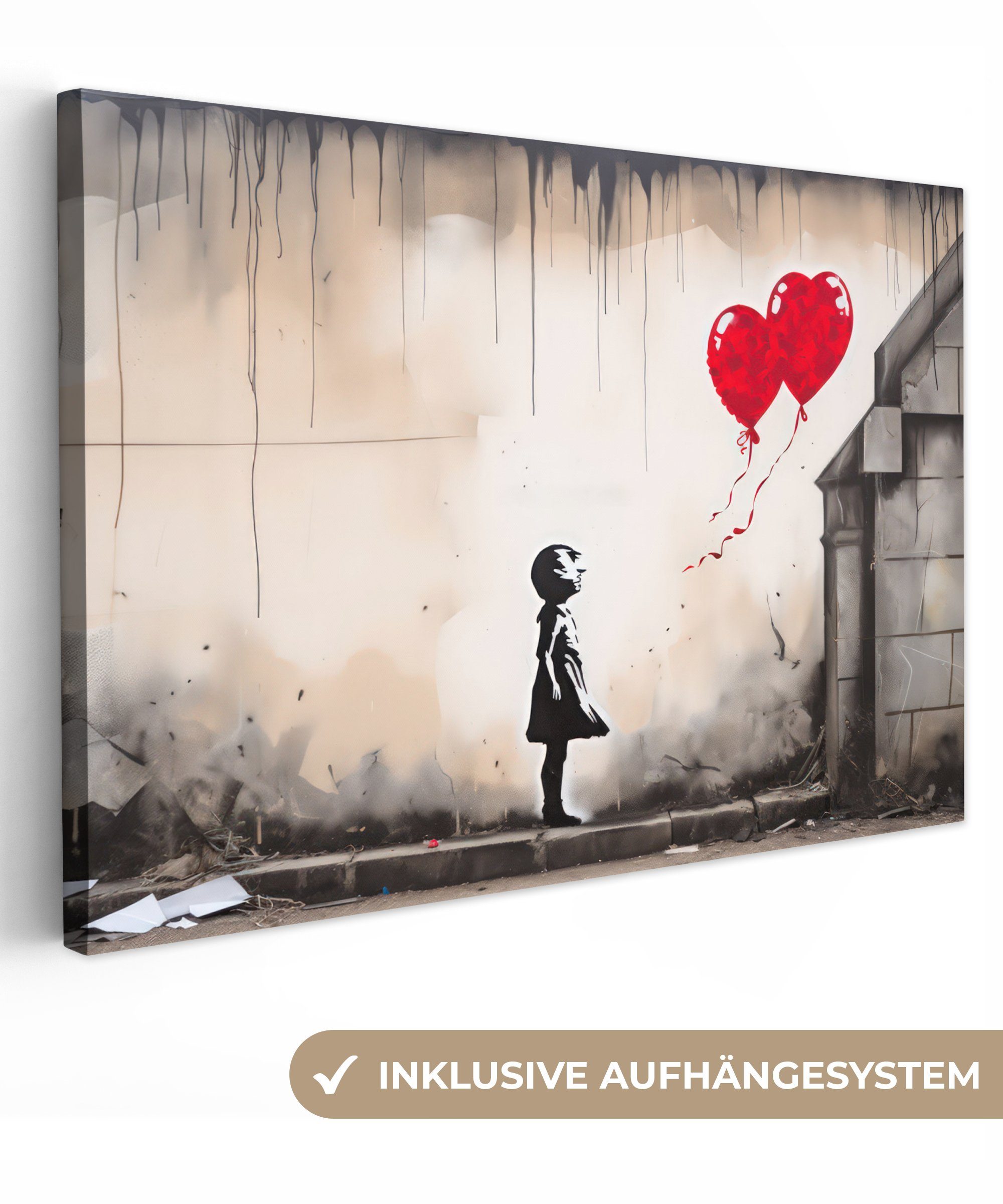 OneMillionCanvasses® Leinwandbild Kunst - Mädchen - Luftballons - Herz - Grau, (1 St), Wandbild für alle Wohnbereiche, Gemälde, XXL, großes, 120x80 cm