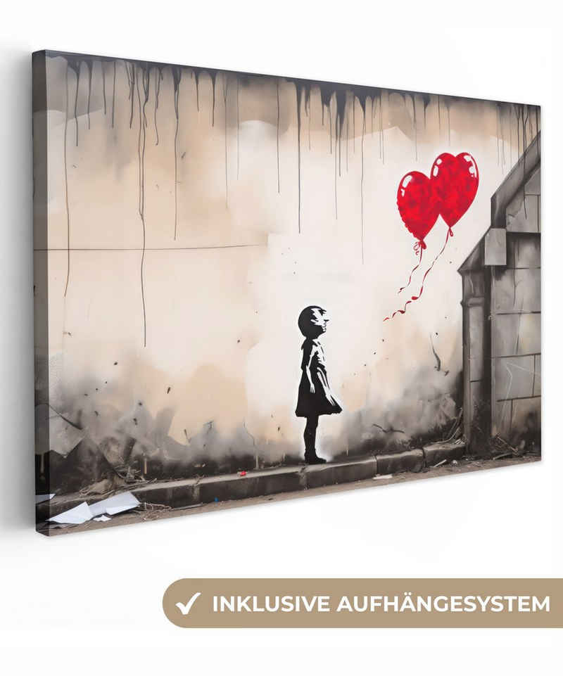 OneMillionCanvasses® Leinwandbild Kunst - Mädchen - Luftballons - Herz - Grau, (1 St), Wandbild Leinwandbilder, Aufhängefertig, Wanddeko, 30x20 cm