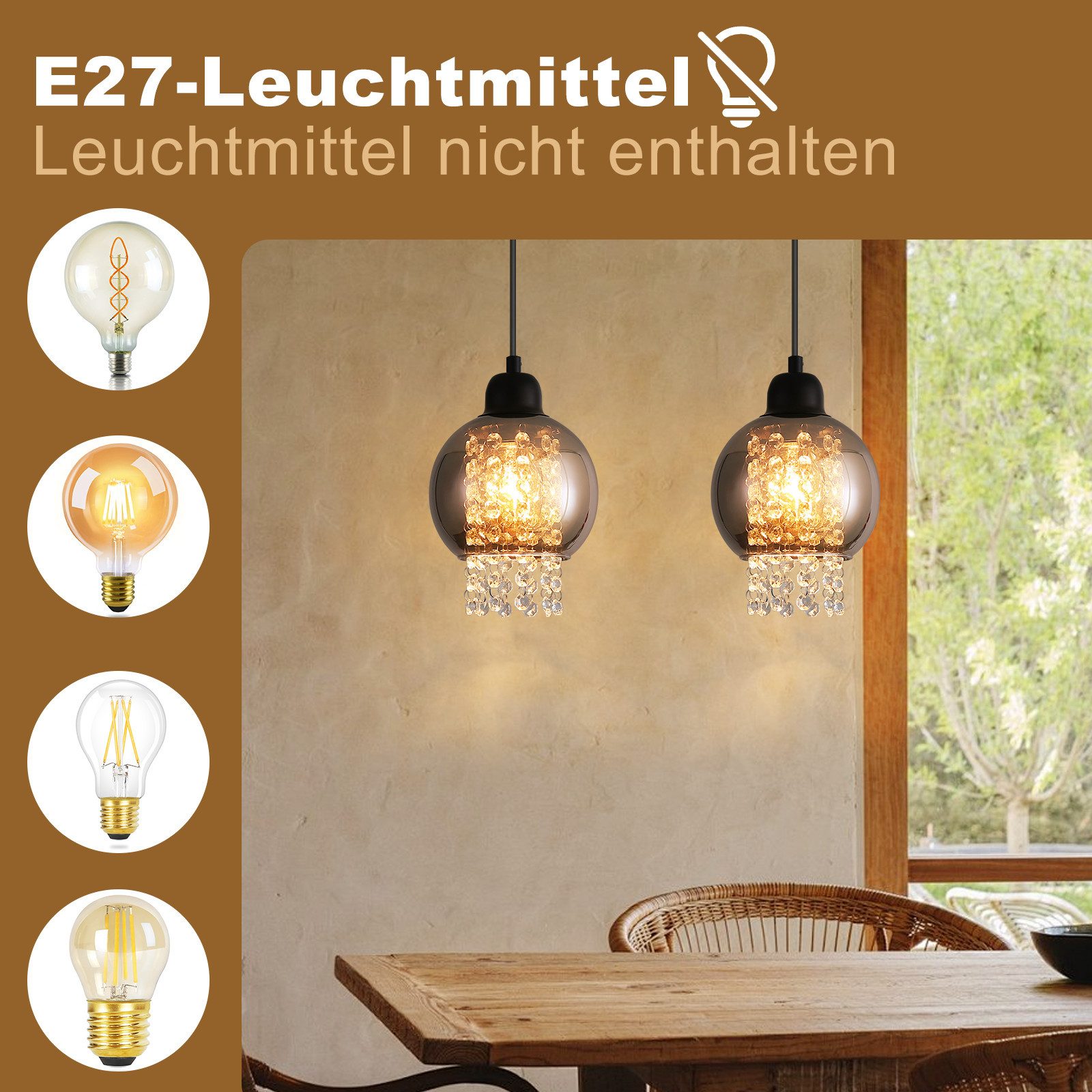 Nettlife Pendelleuchte Esstisch Glas Kristall E27 Schwarz Modern Hängelampe günstig online kaufen