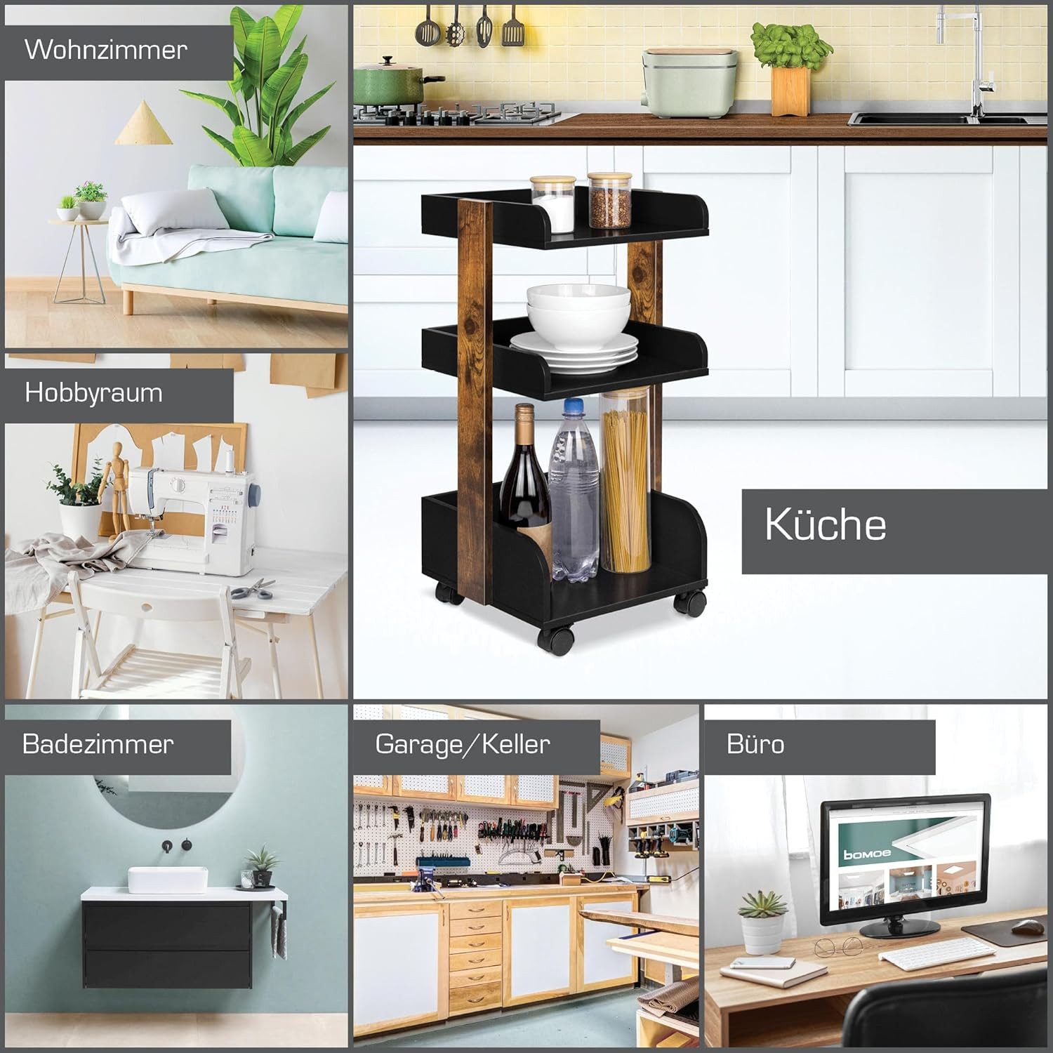 bomoe Rollwagen Aufbewahrungswagen mit Rollen 69 cm hoch Bosse Schwarz und Braun, Holz Rollwagen Badezimmer Büro Küchenwagen Schwarz Braun Servierwagen