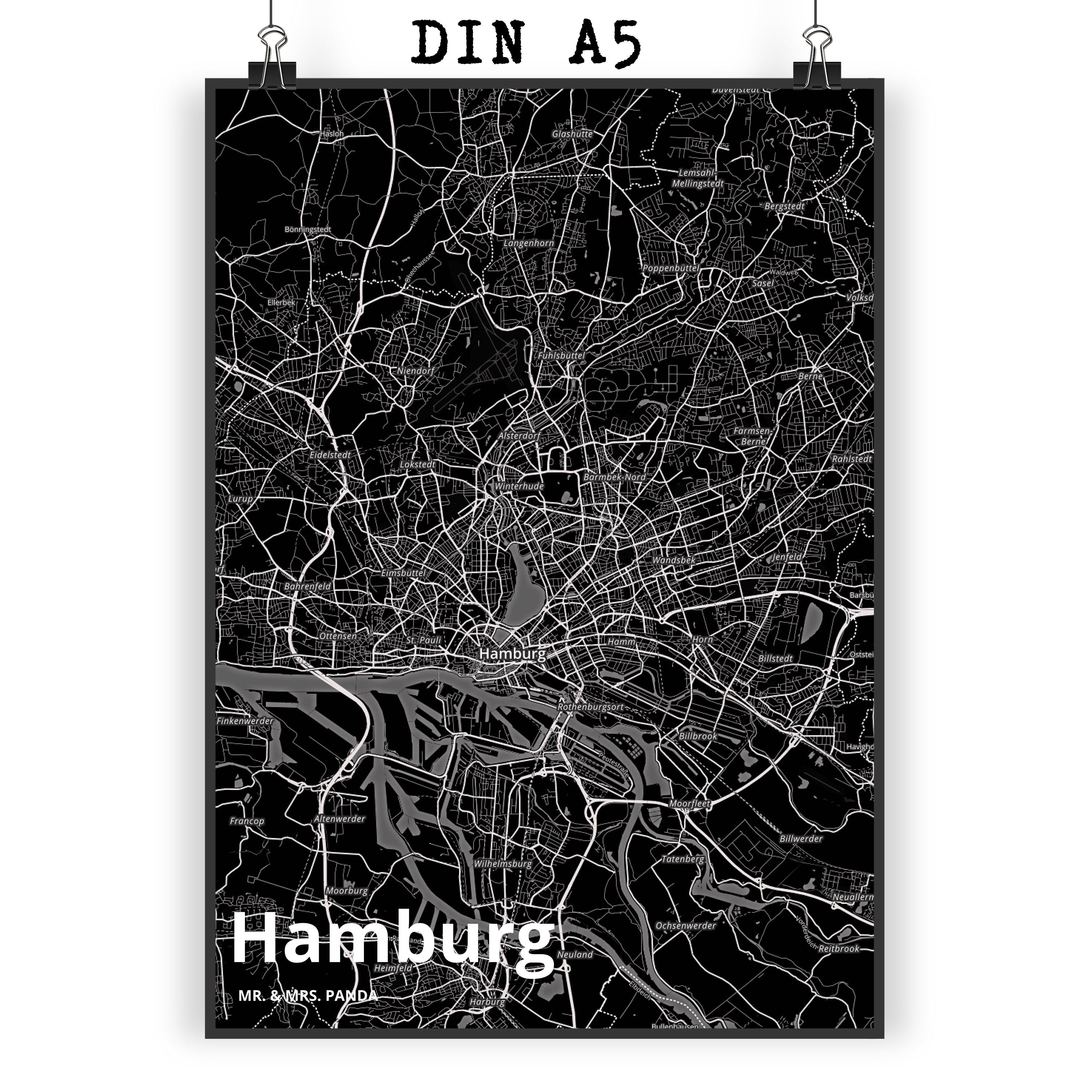 Mr. & Mrs. Panda Poster DIN A5 Hamburg - Geschenk, Städte, Stadt, Wanddeko, Raumdekoration, D, Stadt Black (1 St)