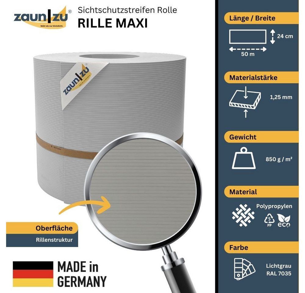 Thumbnail - zaunzu Sichtschutzstreifen Rille Maxi Rolle für Doppelstabmatten 24cm hoch Lichtgrau 50m, (1x Rolle Zaunblende, 24cm hoc...