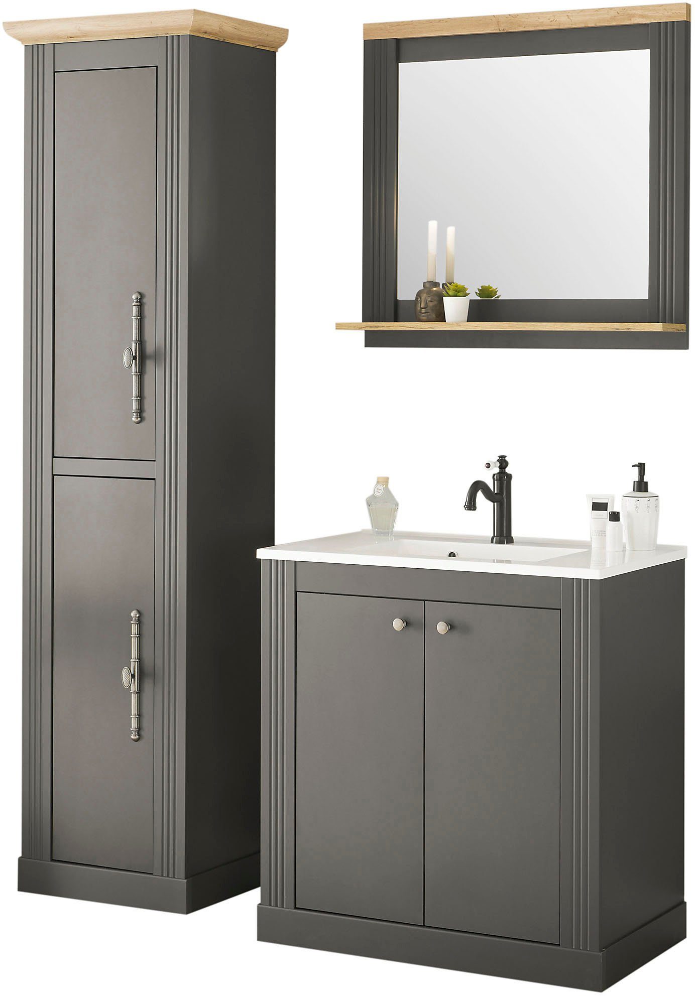 OTTO home Badmöbel-Set WESTMINSTER, Bad im Landhausstil, 3-teiliges Badezimmer, (3-St), Waschtisch, Spiegel, Hochschrank, in 2 Farben verfügbar, Breite 150 cm