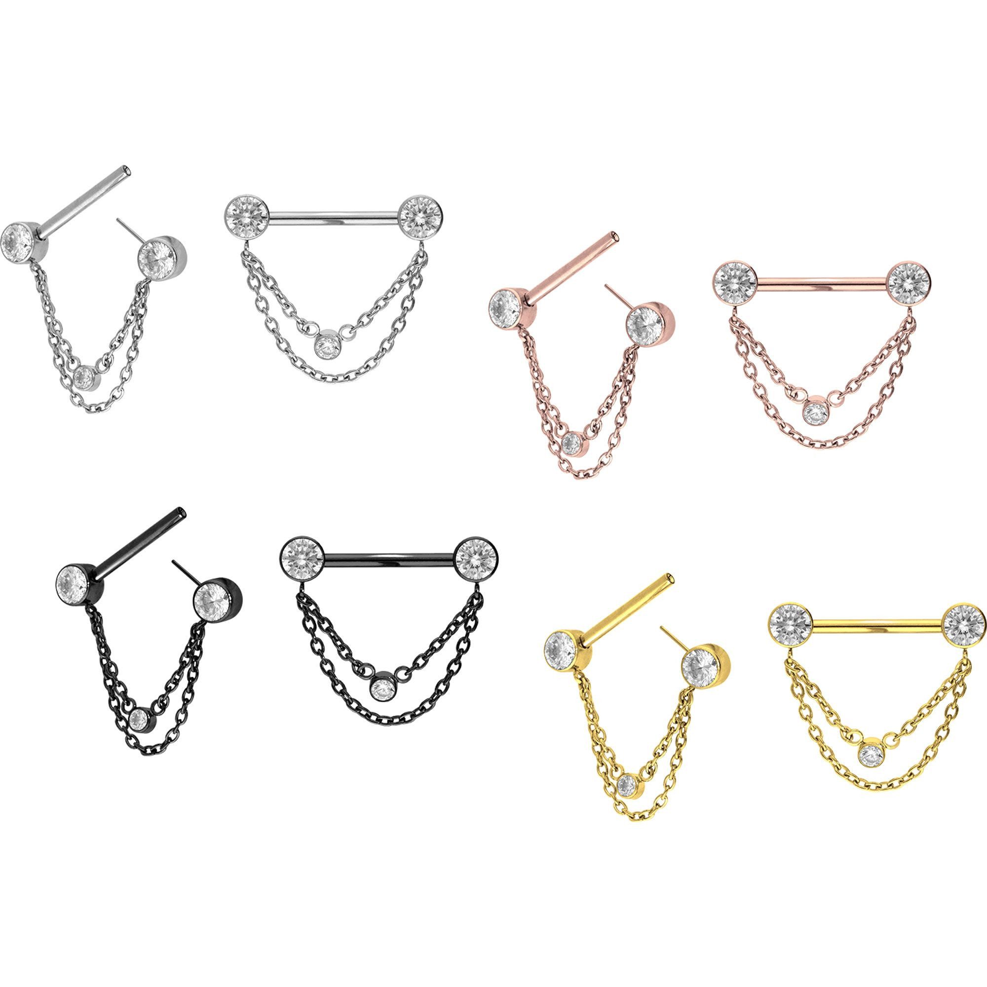 PIERCINGLINE Brustwarzenpiercing Titan Barbell mit Push Fit 2 KETTEN + KRISTALLDISCS (Barbells, 1-tlg)