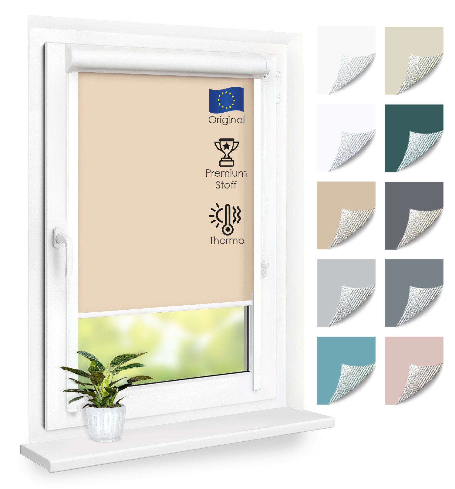 Rollo Premium Kassettenrollo mit Seitenschienen, DomDeco, blickdicht, ohne Bohren, durch Kleben oder Schrauben