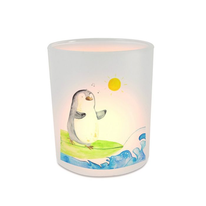 Mr. & Mrs. Panda Windlicht Pinguin Surfer - Transparent - Geschenk Hawaii Teelichthalter Kerz (1 St)