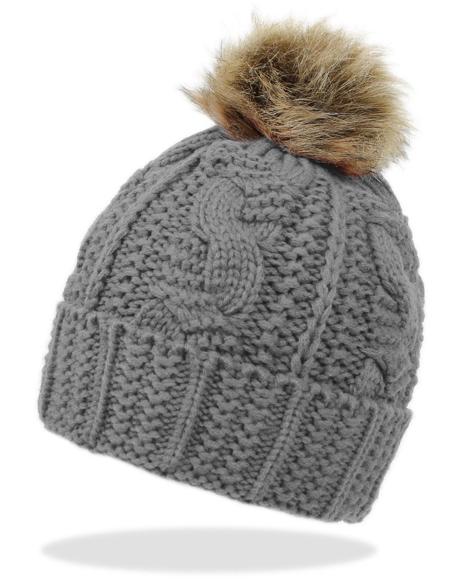 Bommelmütze Damen Bommelmütze mit Innenfutter Strickmütze mit Bommel Winter Mütze