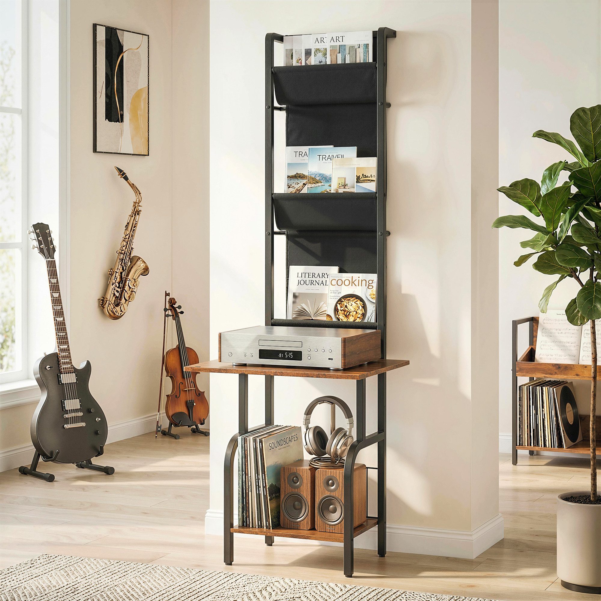 HOMCOM CD-Regal 3 Stofftaschen Bücherregal, DVD Regal 1-tlg., Medienregal mit Tischplatte, Kippsicherung, stabil.