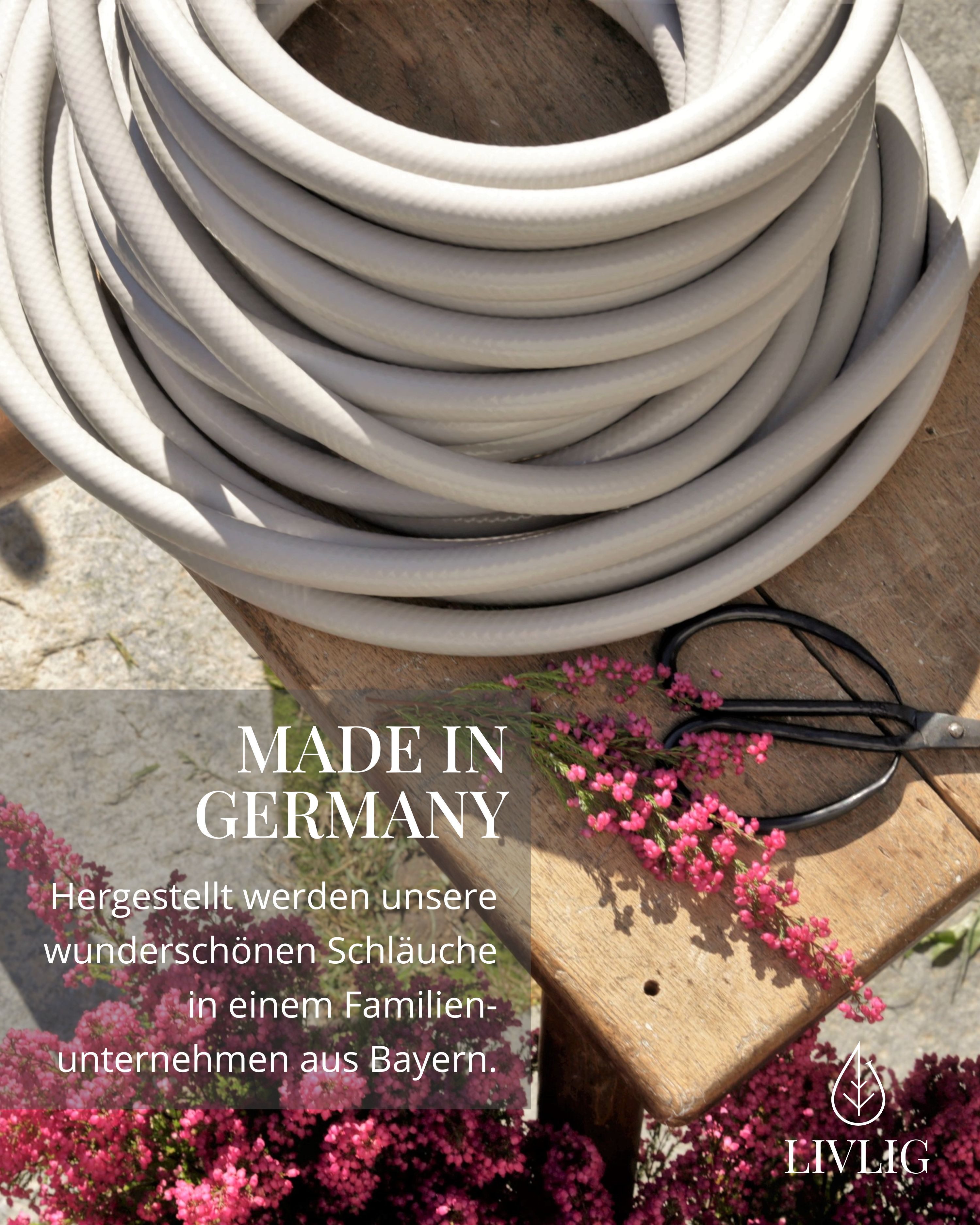 LIVLIG Gartenschlauch 1/2 Zoll, Schöner Gartenschlauch, Wasserschlauch 1/2 Zoll, Greige, Made in Europa, aus 60% recyceltem PVC