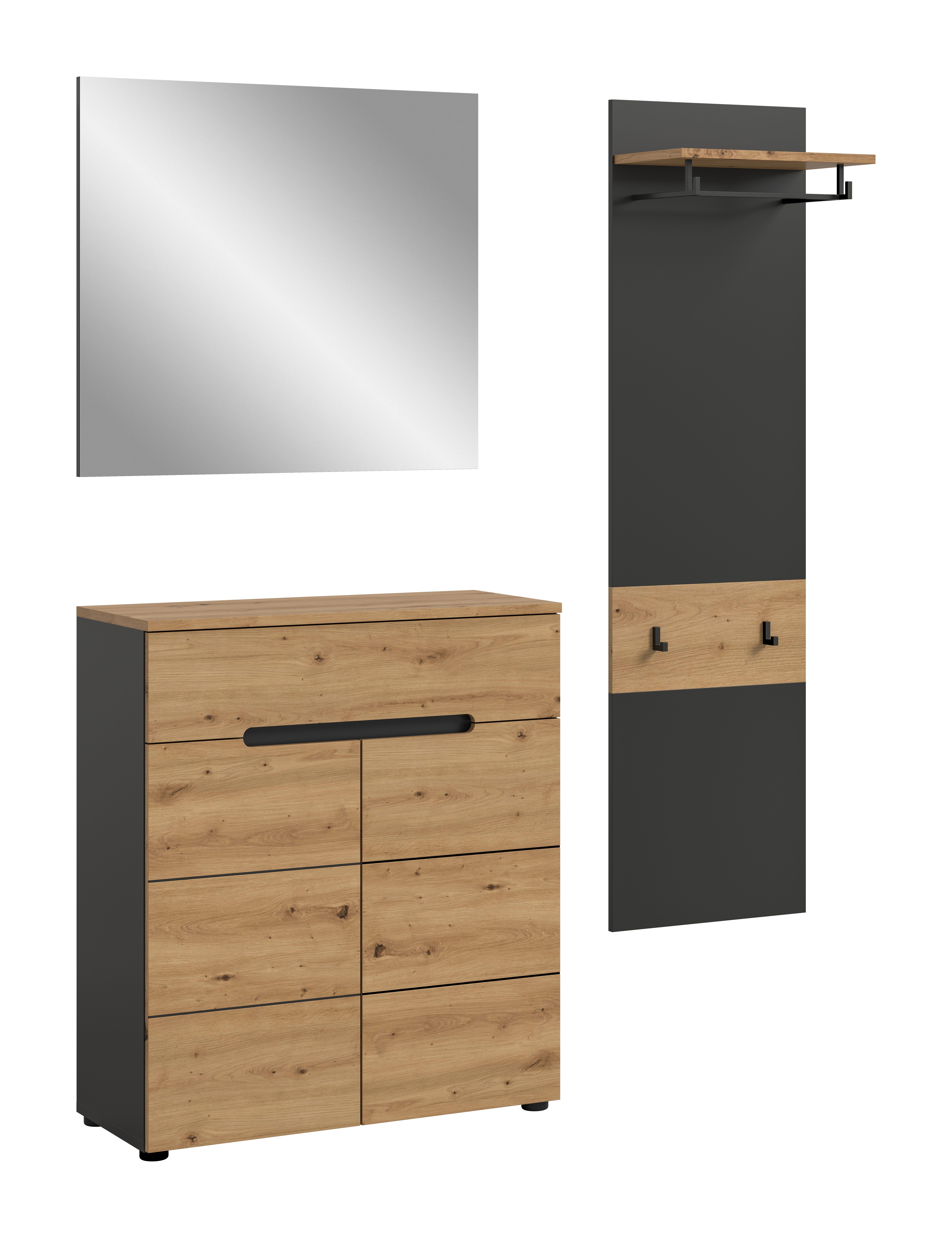 furnling Garderoben-Set Cano, (3-St., Garderobenpaneel, Schuhkommode, Spiegel), Flurmöbel, Garderobenmöbel, Breite 140 cm, Basalt grau/Artisan