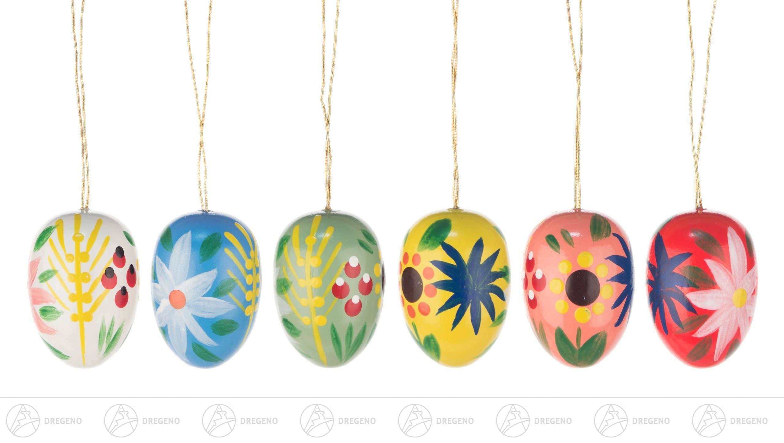 Dregeno Erzgebirge Osterei Ostern & Frühjahr Behang Ostereier mit Blumen (6) Höhe ca 3 cm NEU