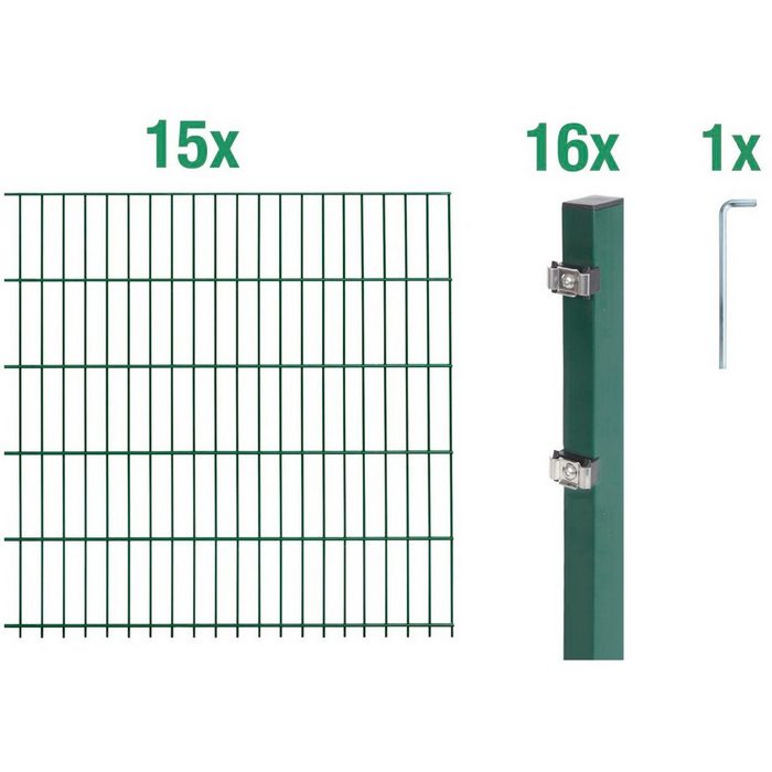 Alberts Doppelstabmattenzaun (Set) grün 120 cm hoch 15 Matten für 30 m 16 Pfosten