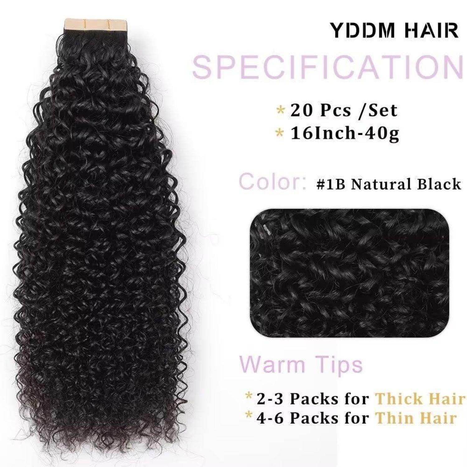 LuxusKollektion Echthaar-Extension Tape Extensions Echthaar Kinky Curly 1B# 16zoll-40.6cm(20er Pack)