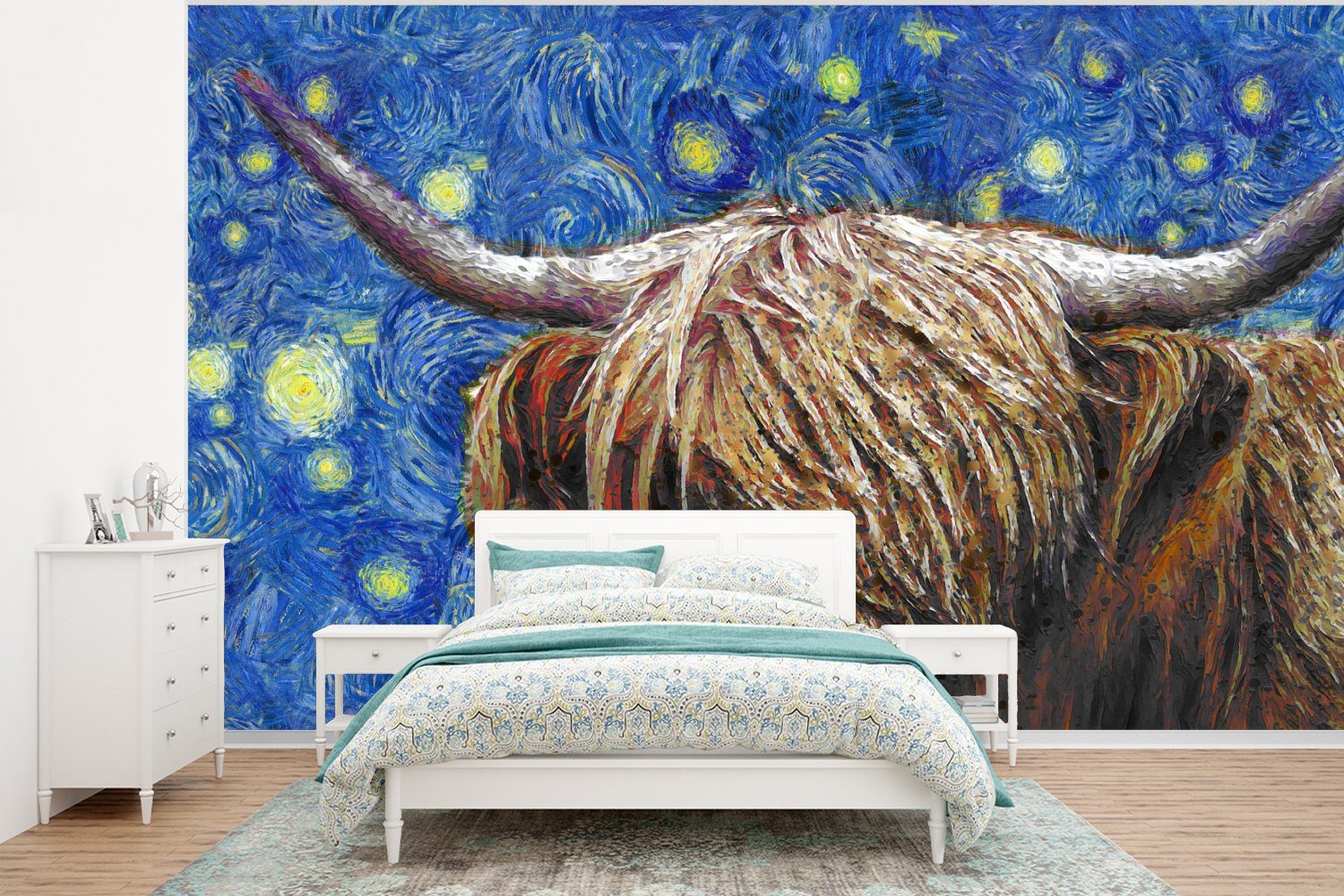 MuchoWow Fototapete Van Gogh - Schottischer Highlander - Sternennacht, Matt, bedruckt, (6 St), Wallpaper für Wohnzimmer, Schlafzimmer, Kinderzimmer, Vinyl Tapete