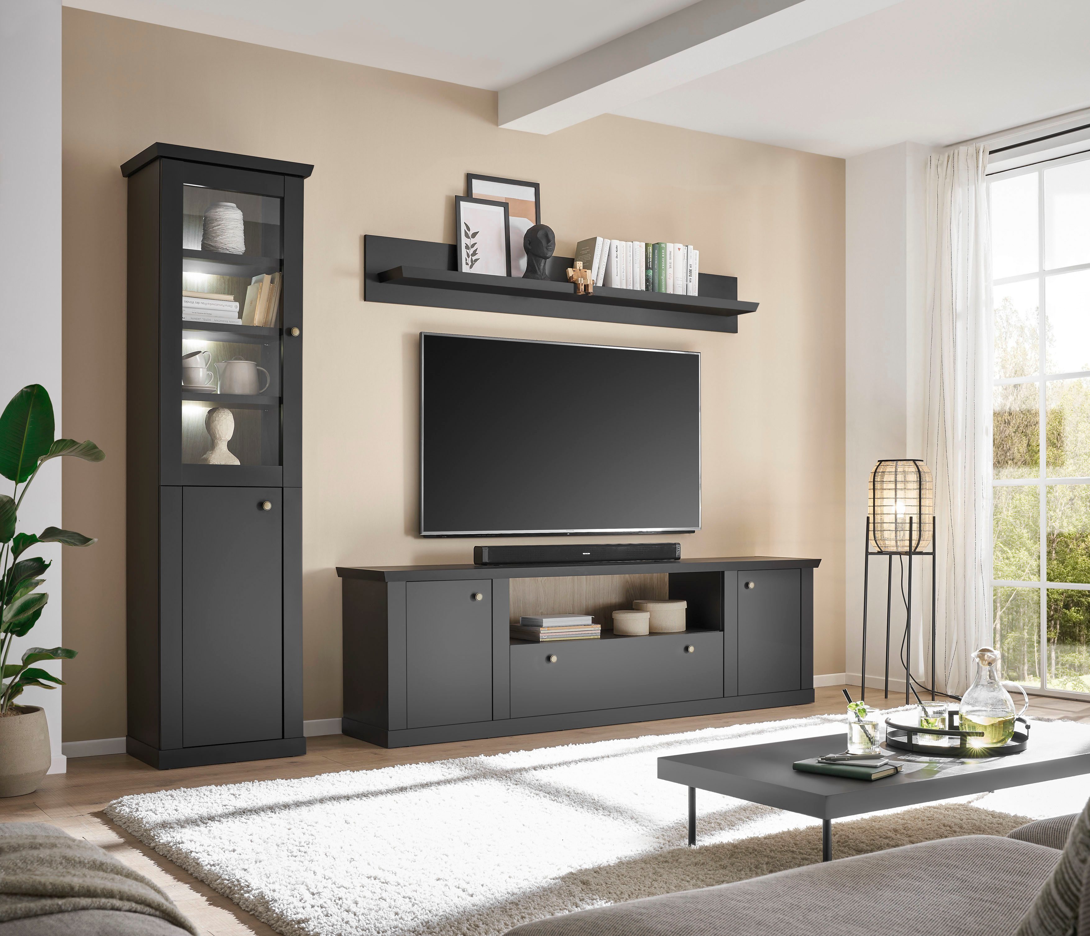 Home affaire Wohnwand Lincoln, moderne Anbauwand, Komplettset im Landhausstil, (Komplett-Set, 3-St), enthält Vitrine, Lowboard und Wandboard, 270 cm breit