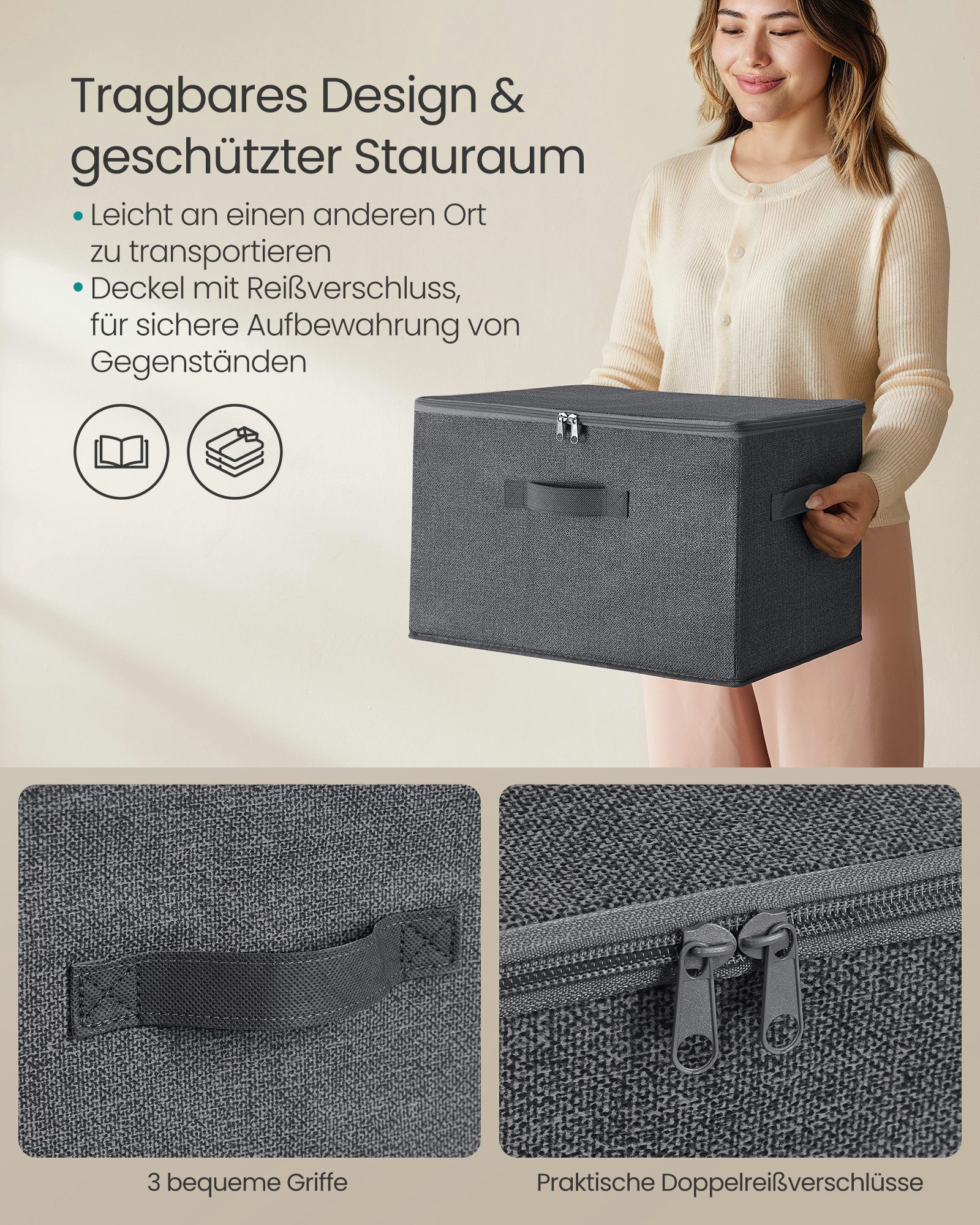 SONGMICS Aufbewahrungsbox mit Deckel, faltbare Stoffbox mit Griffen, Aufbewahrung für Kleidung, 3er Set, 40 x 30 x 25 cm, Vliesstoff