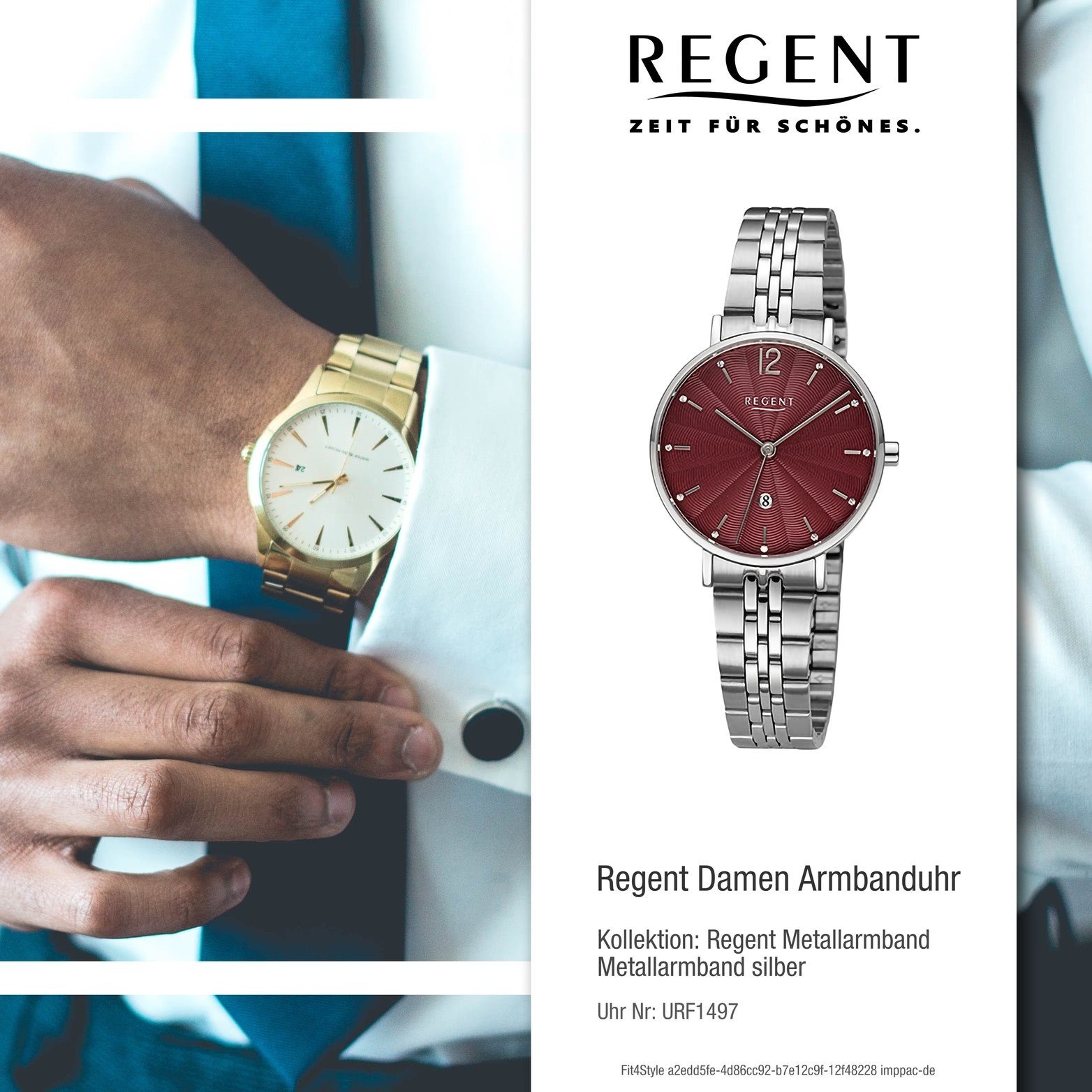 extra Regent silber, groß Metallarmband Armbanduhr Analog, Gehäuse, rundes Damenuhr (ca. Regent Damen 32mm) Quarzuhr